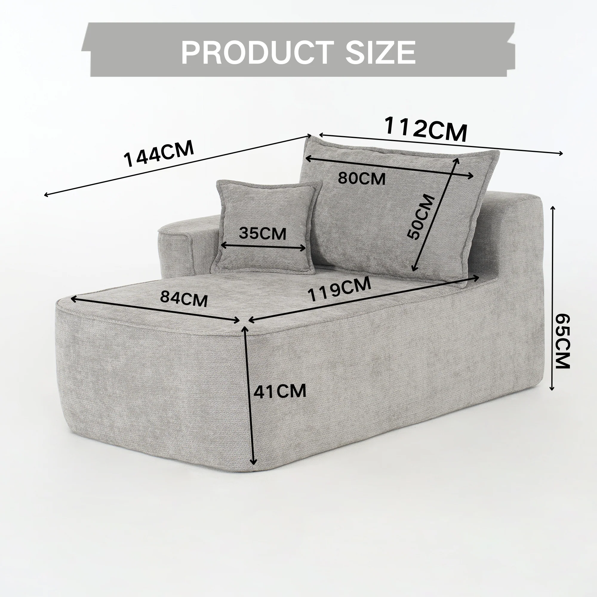 Chaise Longue Soft Sofa Cushions Side Pockets - Grey - Image 2