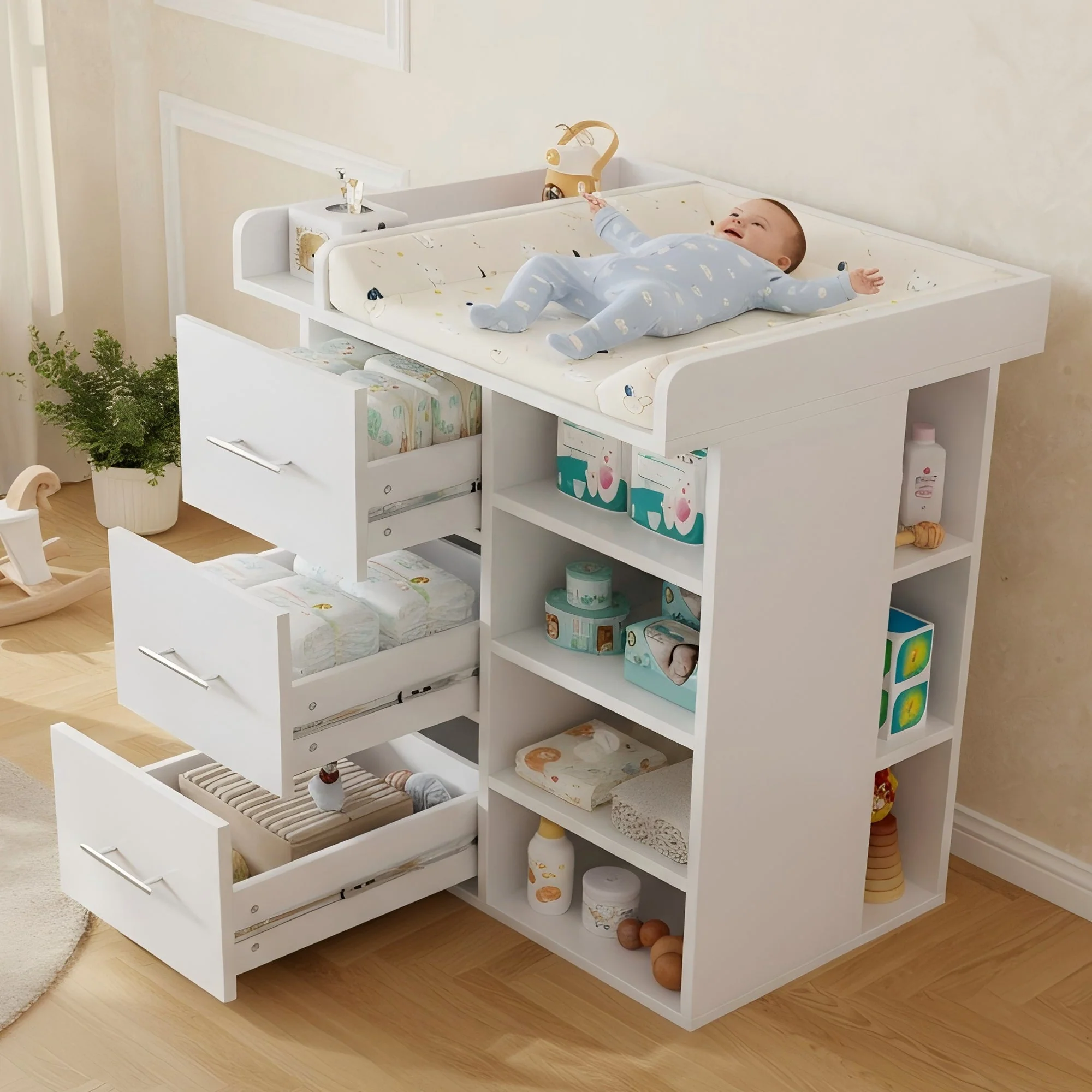 Changing Table with 3 Drawers and Side Storage, White - Image 2