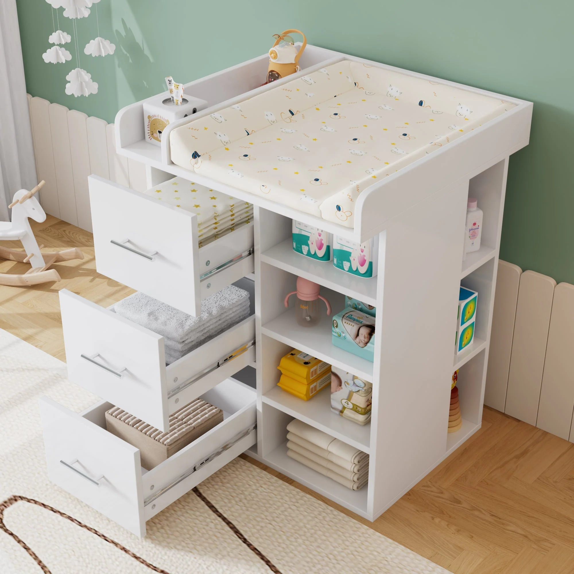 Changing Table with 3 Drawers and Side Storage, White - Image 4