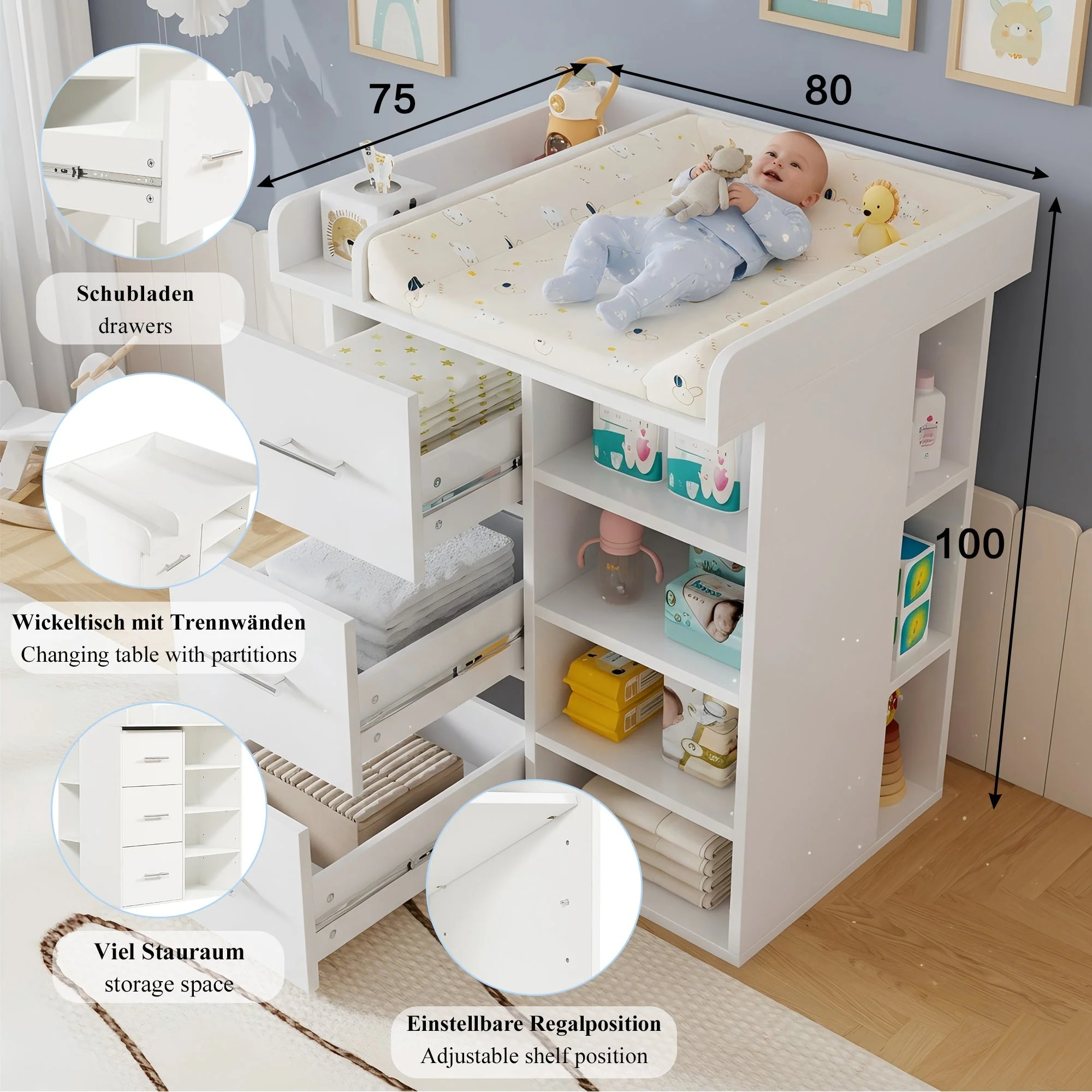 Changing Table with 3 Drawers and Side Storage, White - Image 6