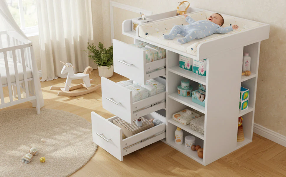 Changing Table with 3 Drawers and Side Storage, White - Image 9