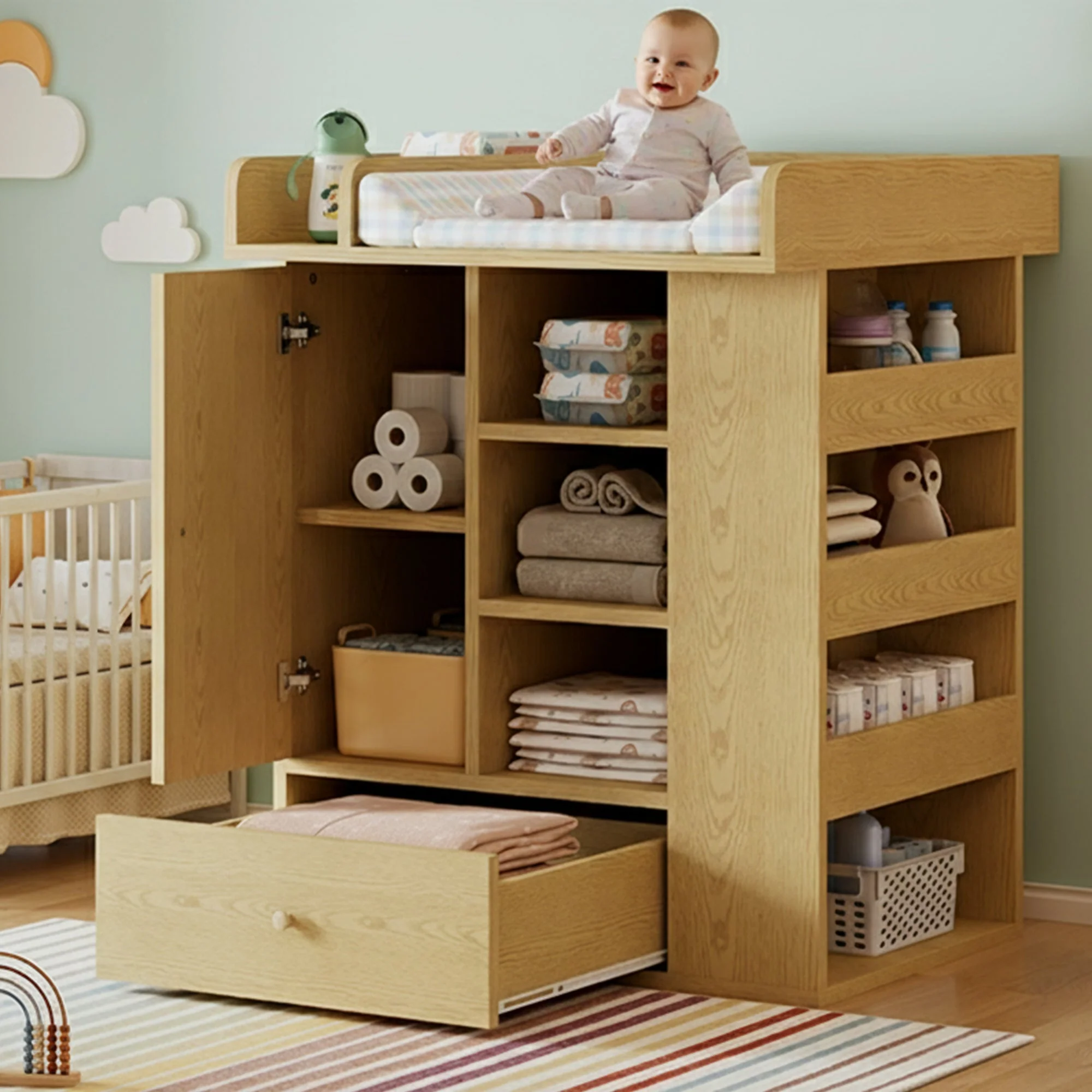 Changing Table with Cabinet, Drawer and Side Storage, Natural Wood Color