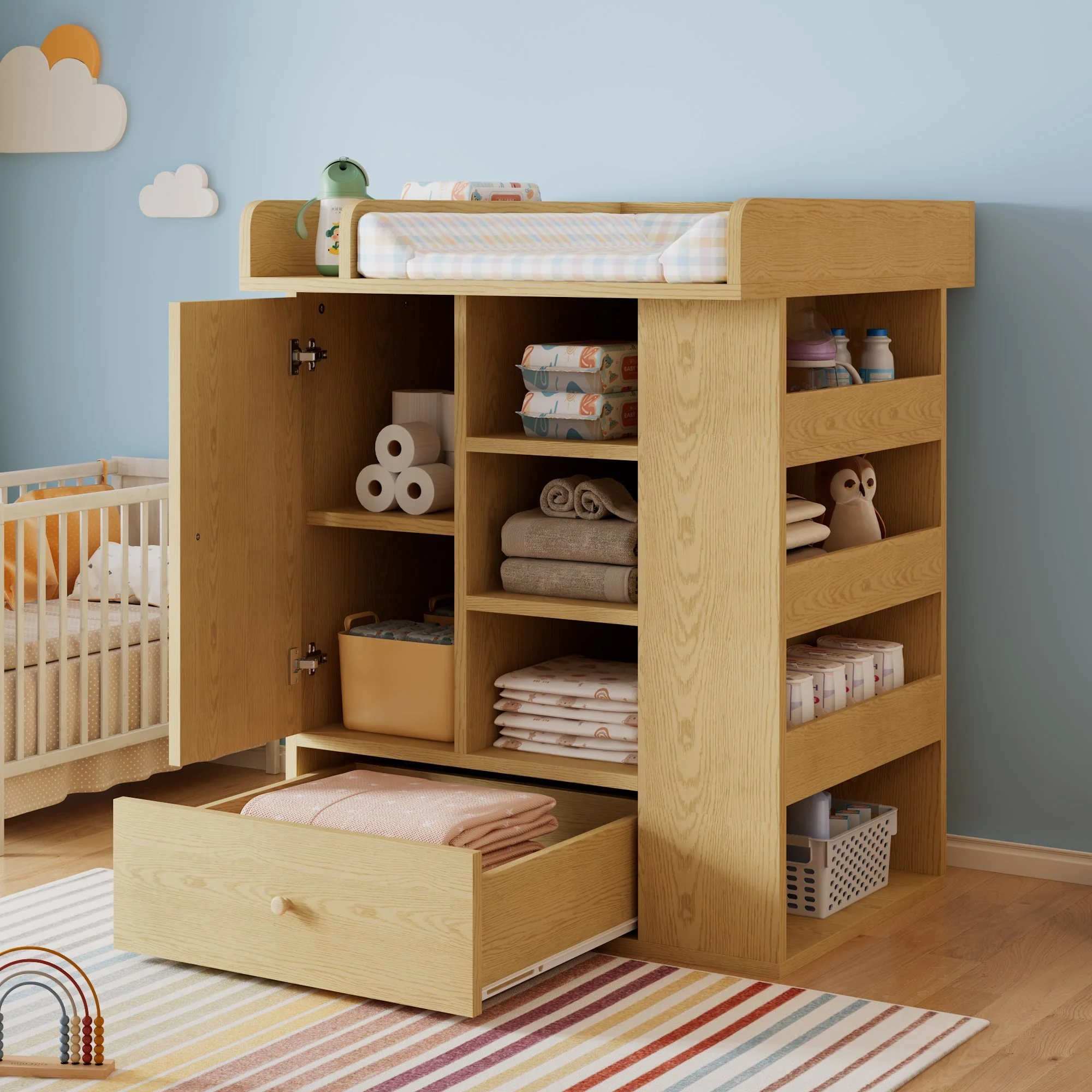 Changing Table with Cabinet, Drawer and Side Storage, Natural Wood Color - Image 2