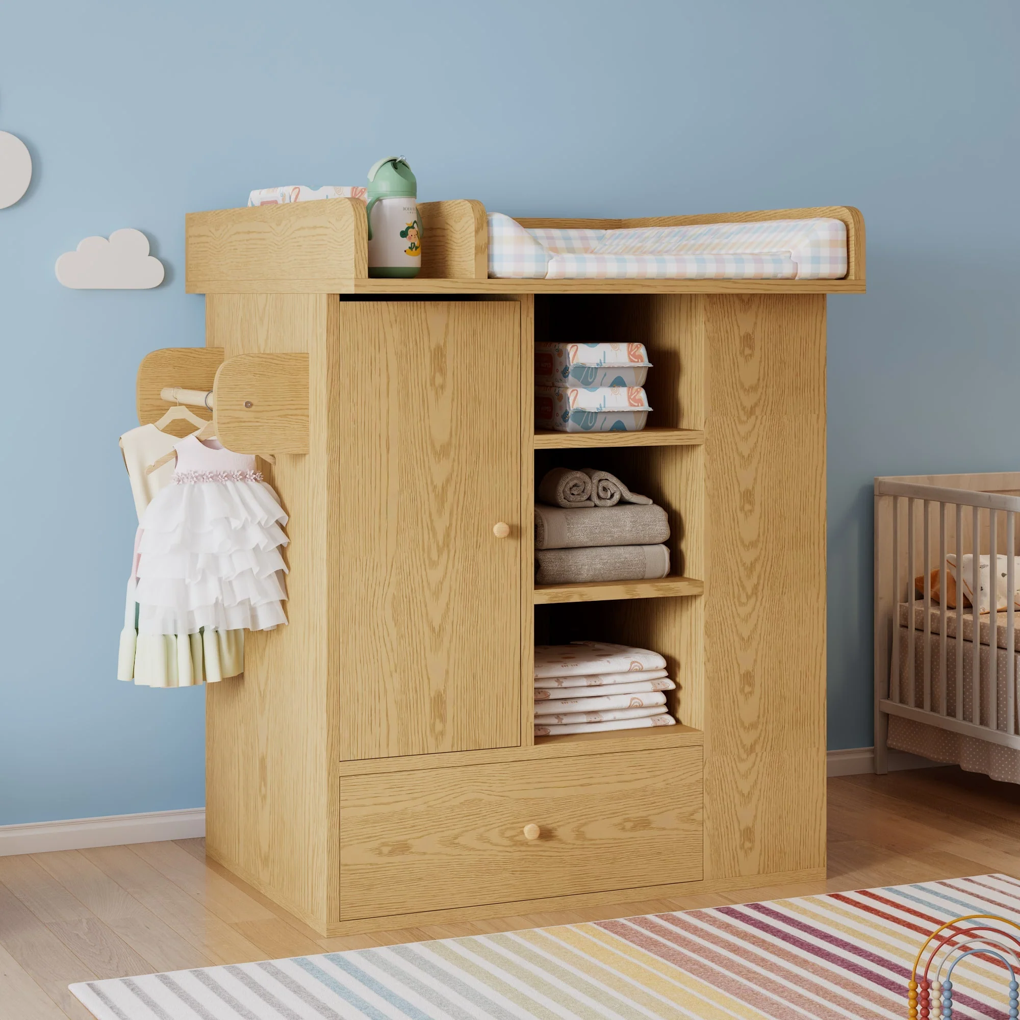 Changing Table with Cabinet, Drawer and Side Storage, Natural Wood Color - Image 3