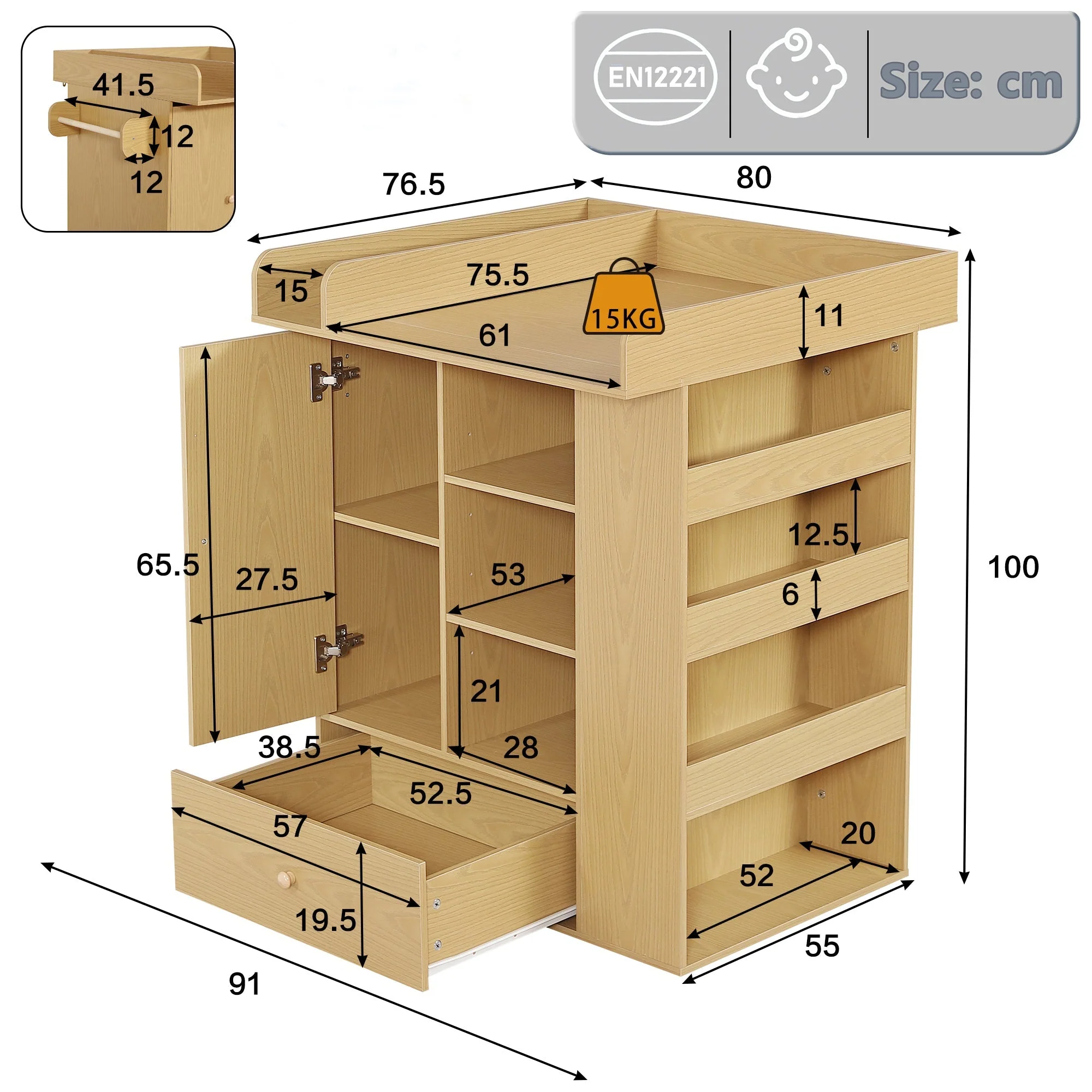 Changing Table with Cabinet, Drawer and Side Storage, Natural Wood Color - Image 4