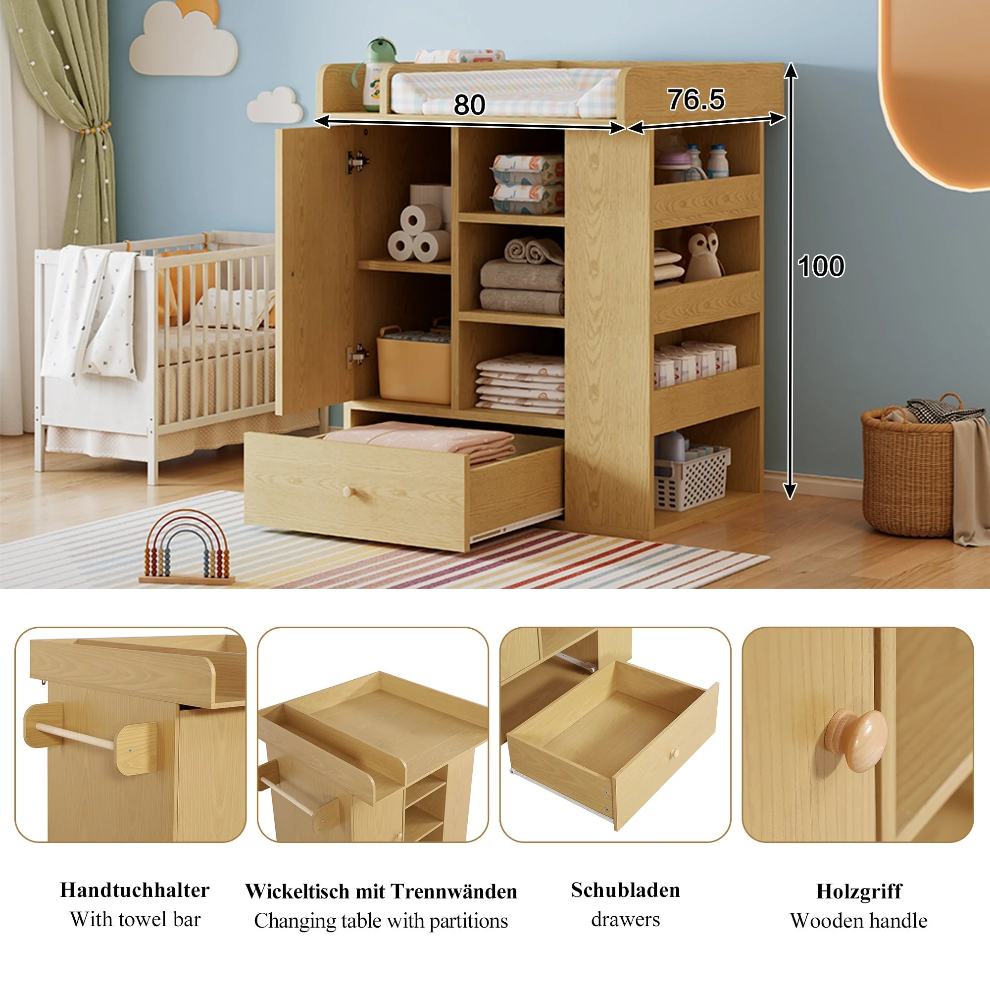 Changing Table with Cabinet, Drawer and Side Storage, Natural Wood Color - Image 5