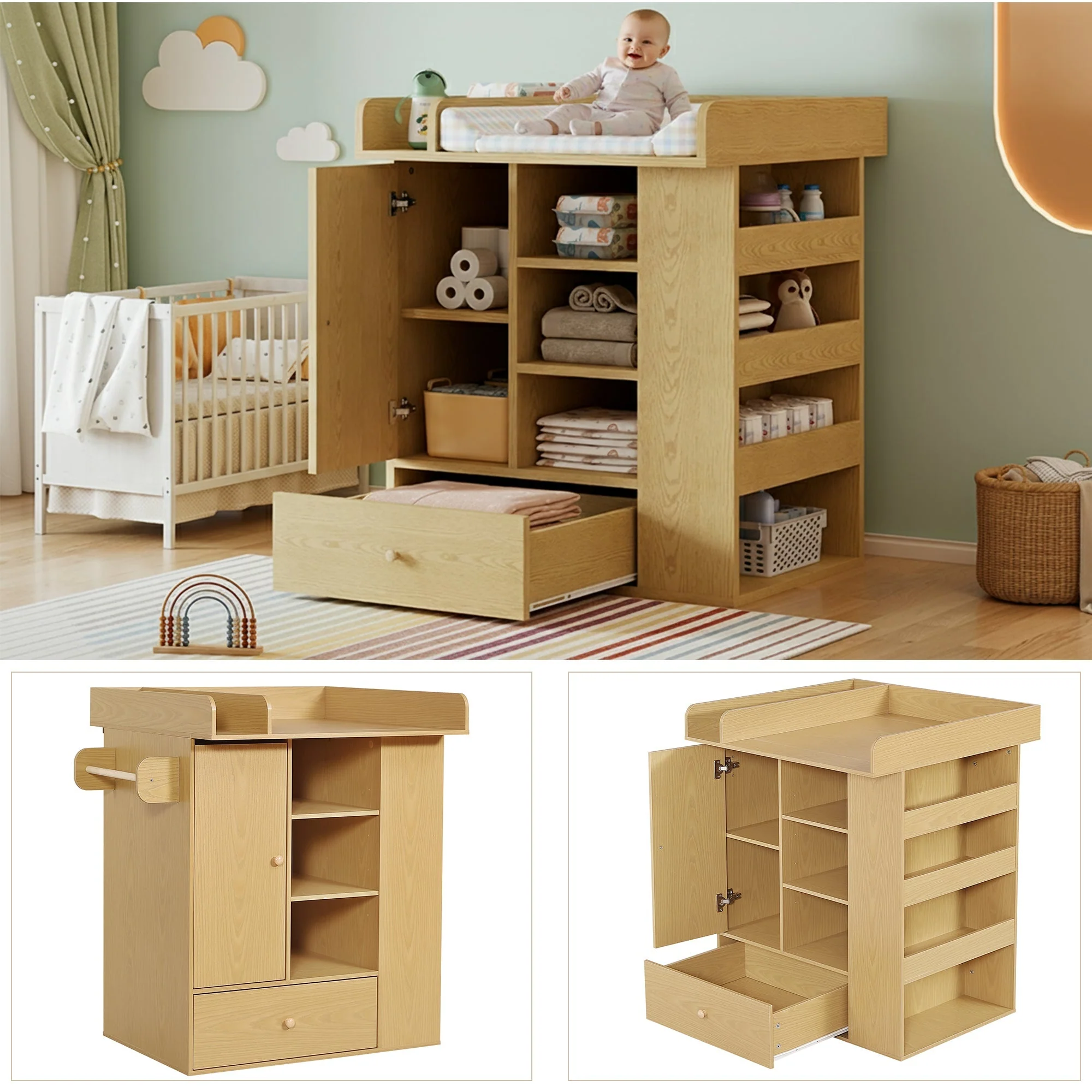 Changing Table with Cabinet, Drawer and Side Storage, Natural Wood Color - Image 6