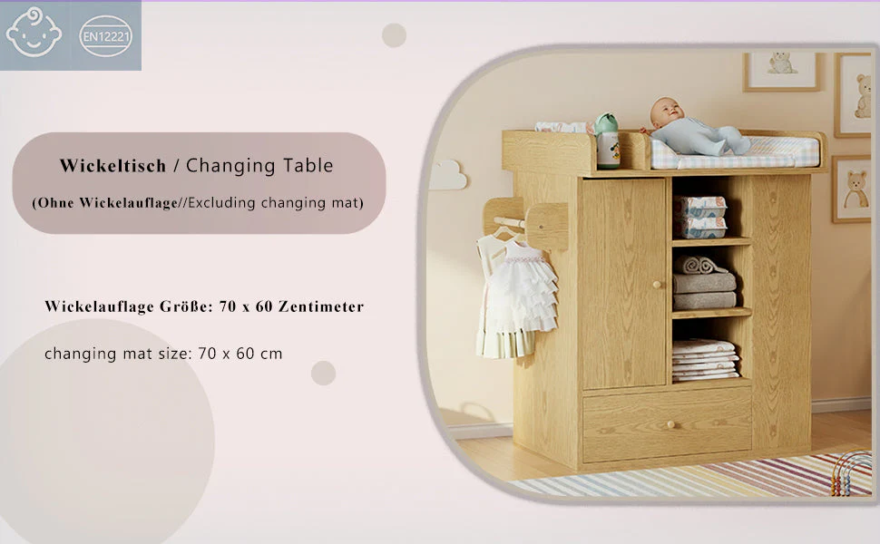 Changing Table with Cabinet, Drawer and Side Storage, Natural Wood Color - Image 7