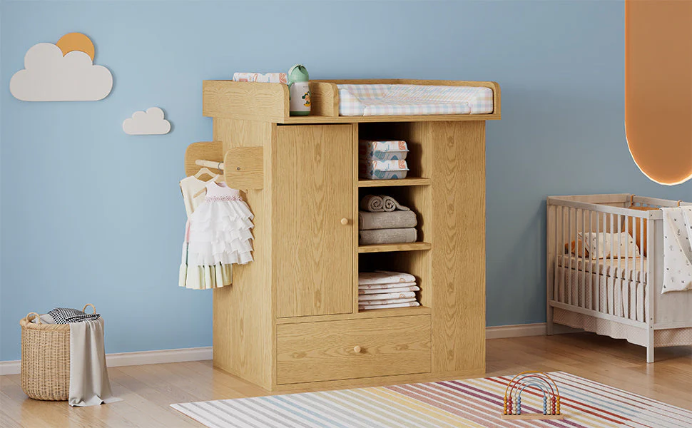 Changing Table with Cabinet, Drawer and Side Storage, Natural Wood Color - Image 8