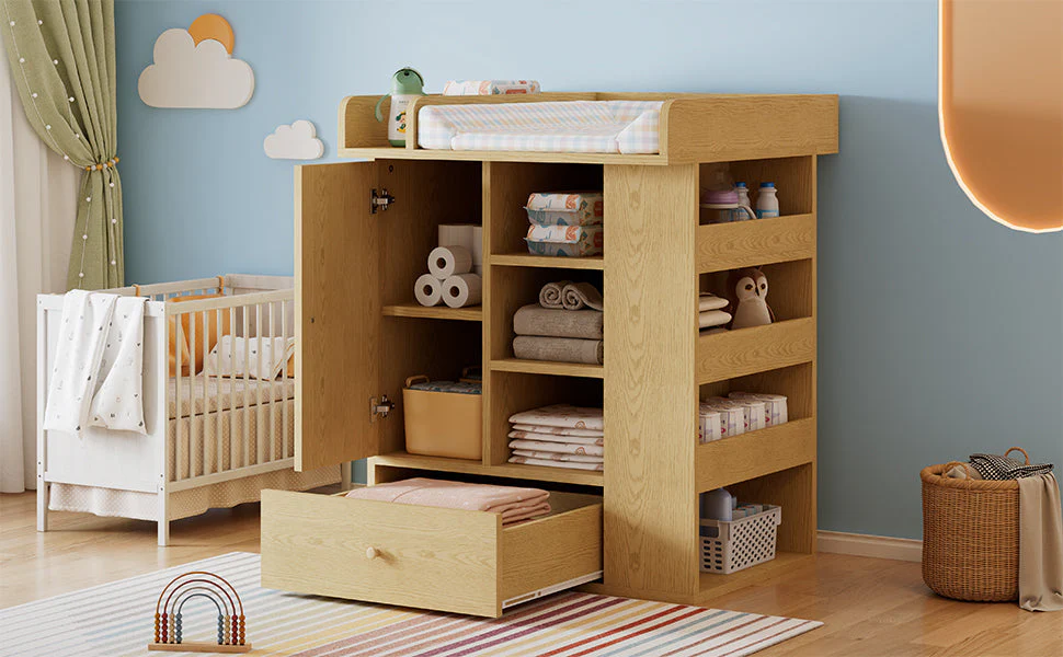 Changing Table with Cabinet, Drawer and Side Storage, Natural Wood Color - Image 9