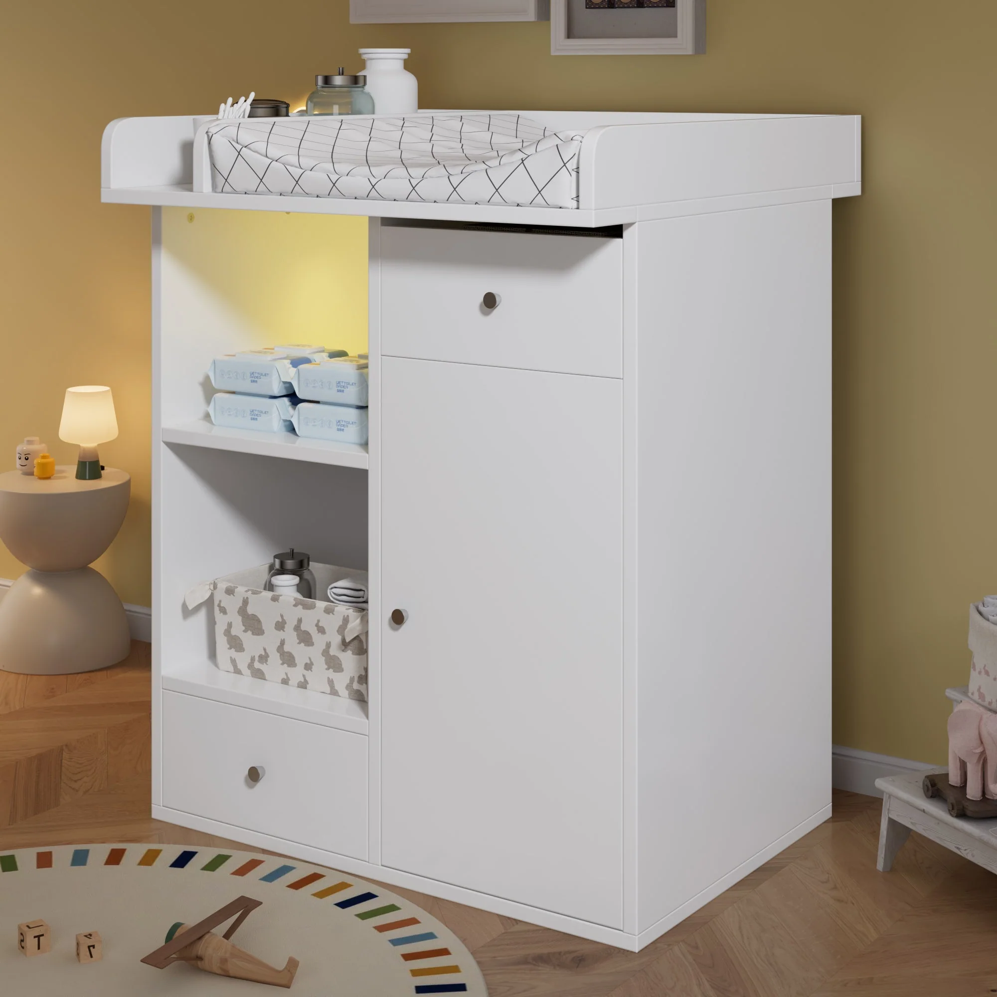 Changing Table with LED Lighting and 2 Drawers, White - Image 2