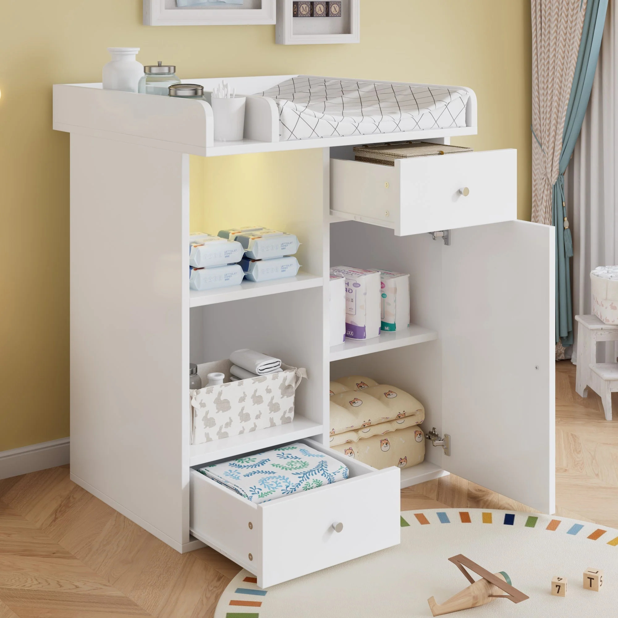 Changing Table with LED Lighting and 2 Drawers, White - Image 3