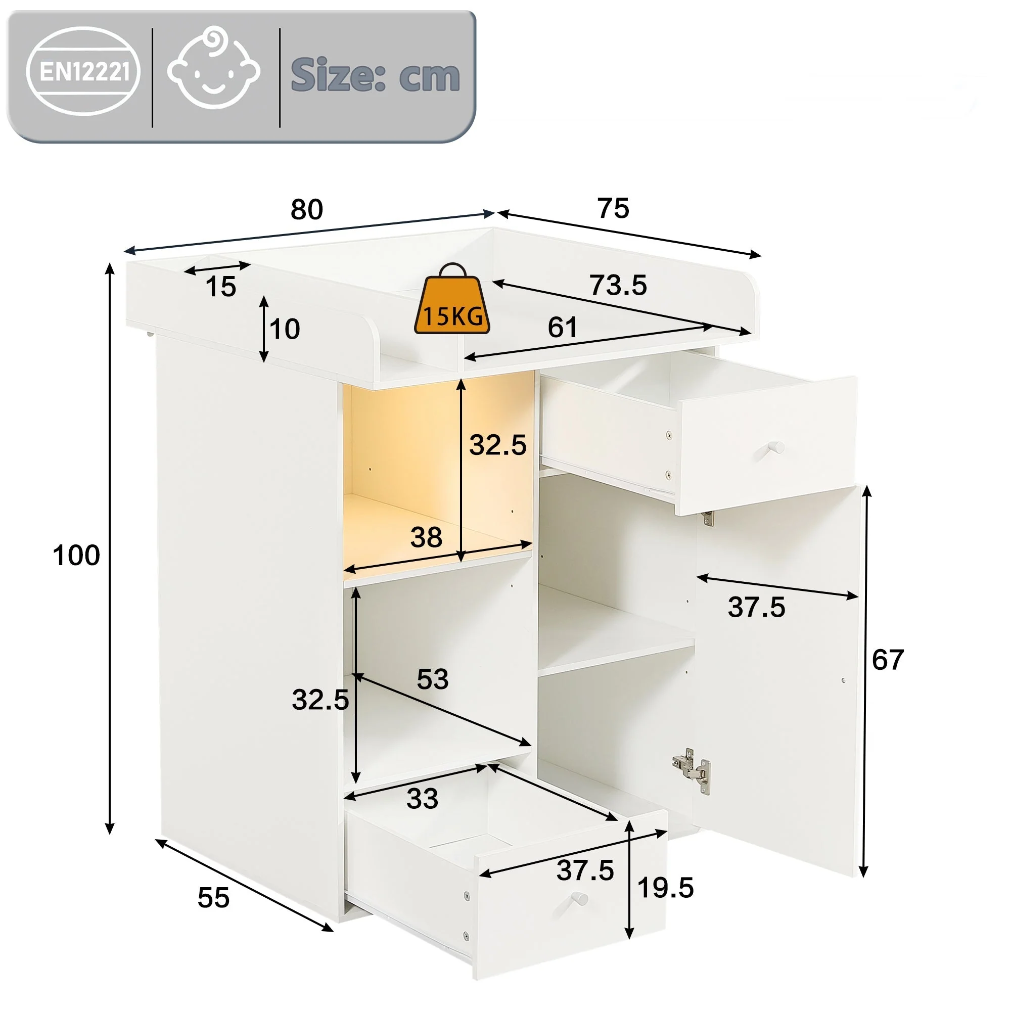 Changing Table with LED Lighting and 2 Drawers, White - Image 4