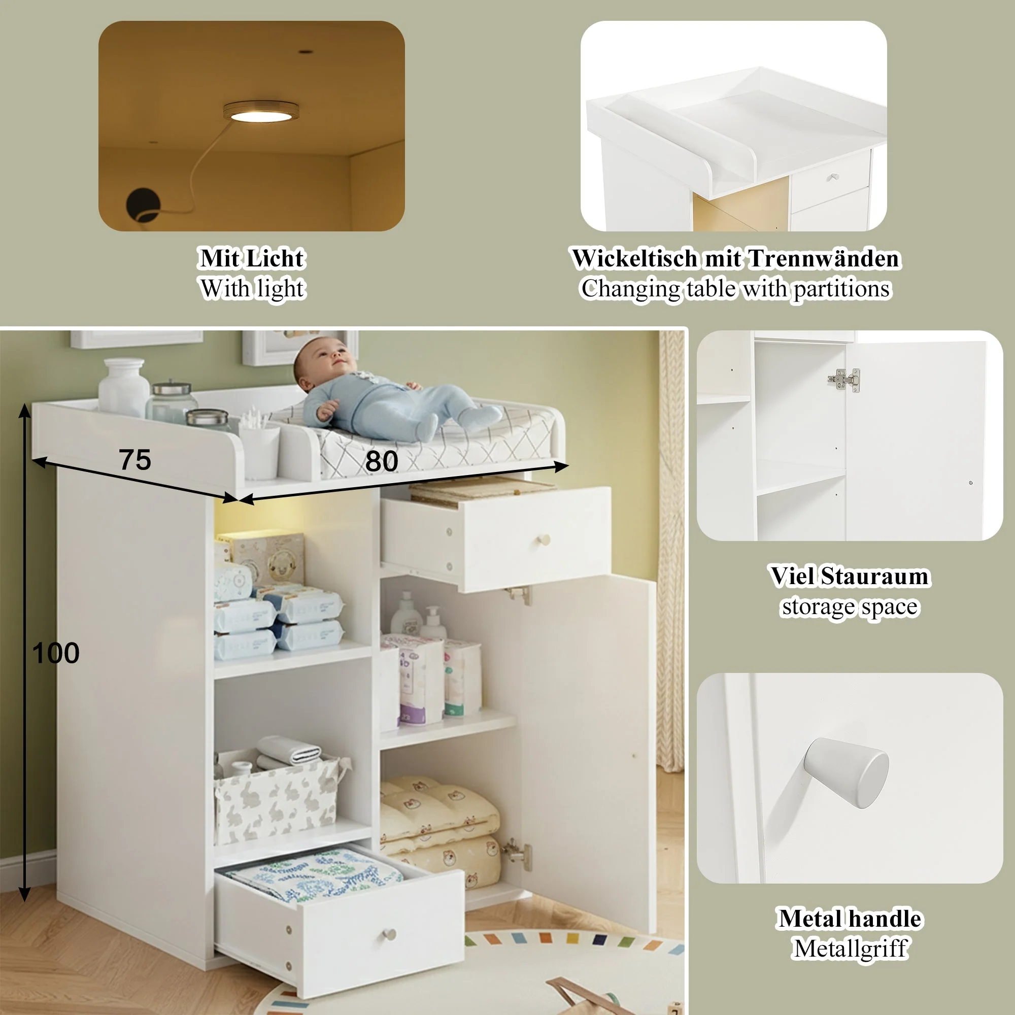 Changing Table with LED Lighting and 2 Drawers, White - Image 5