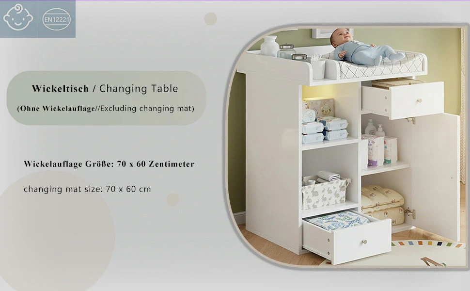 Changing Table with LED Lighting and 2 Drawers, White - Image 7
