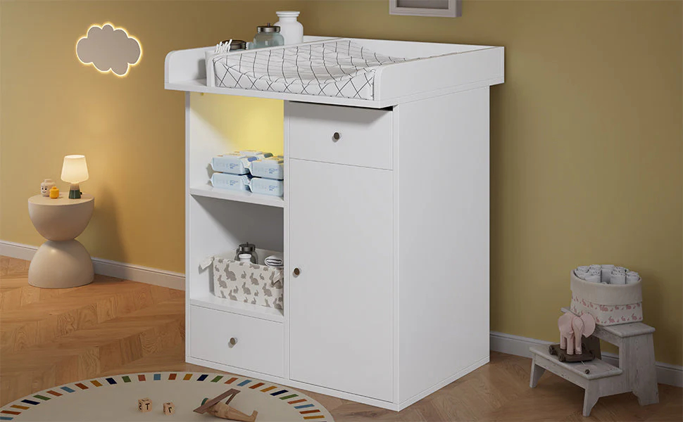 Changing Table with LED Lighting and 2 Drawers, White - Image 8