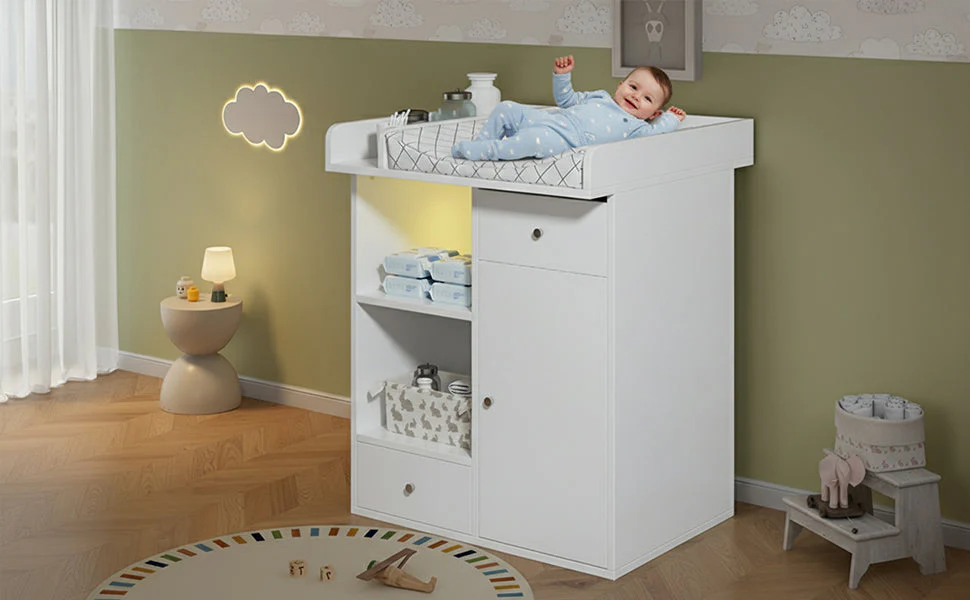 Changing Table with LED Lighting and 2 Drawers, White - Image 9