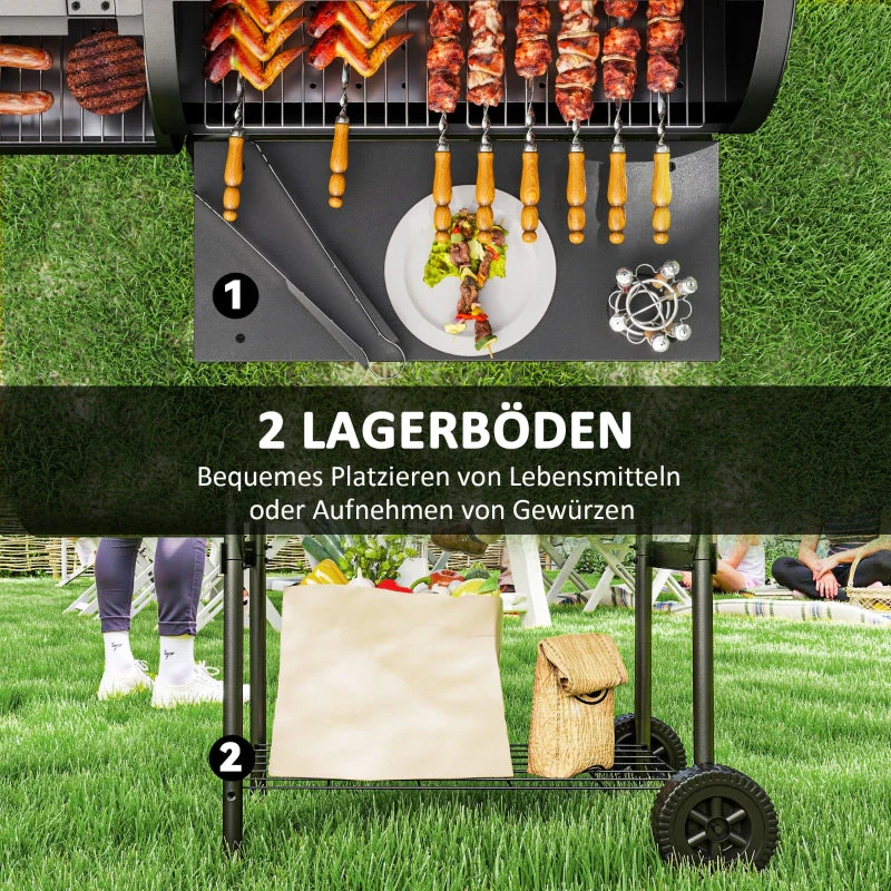 Charcoal Grill BBQ Smoker with Lid, Thermometer & Wheels, Steel - Image 7