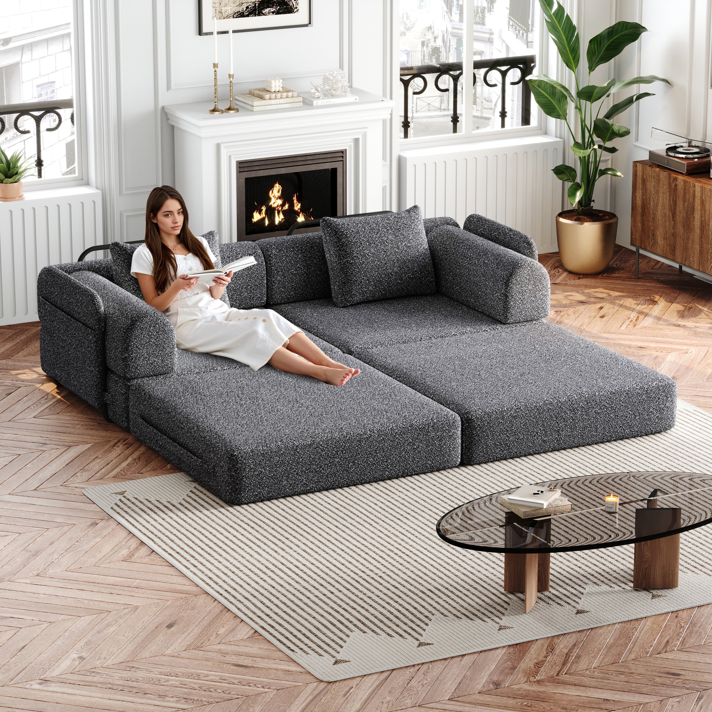 Chenille 2-in-1 Sleeper Sofa with Armrest Storage and Metal Frame, Multiple Configurations, Gray Chenille - Image 2