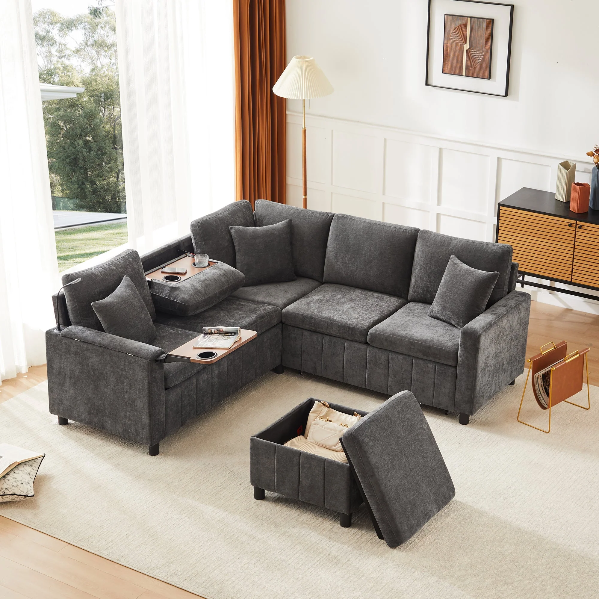 Chenille Corner Sofa Bed with Ottoman, USB Charging and Hidden Table, Grey - Image 10