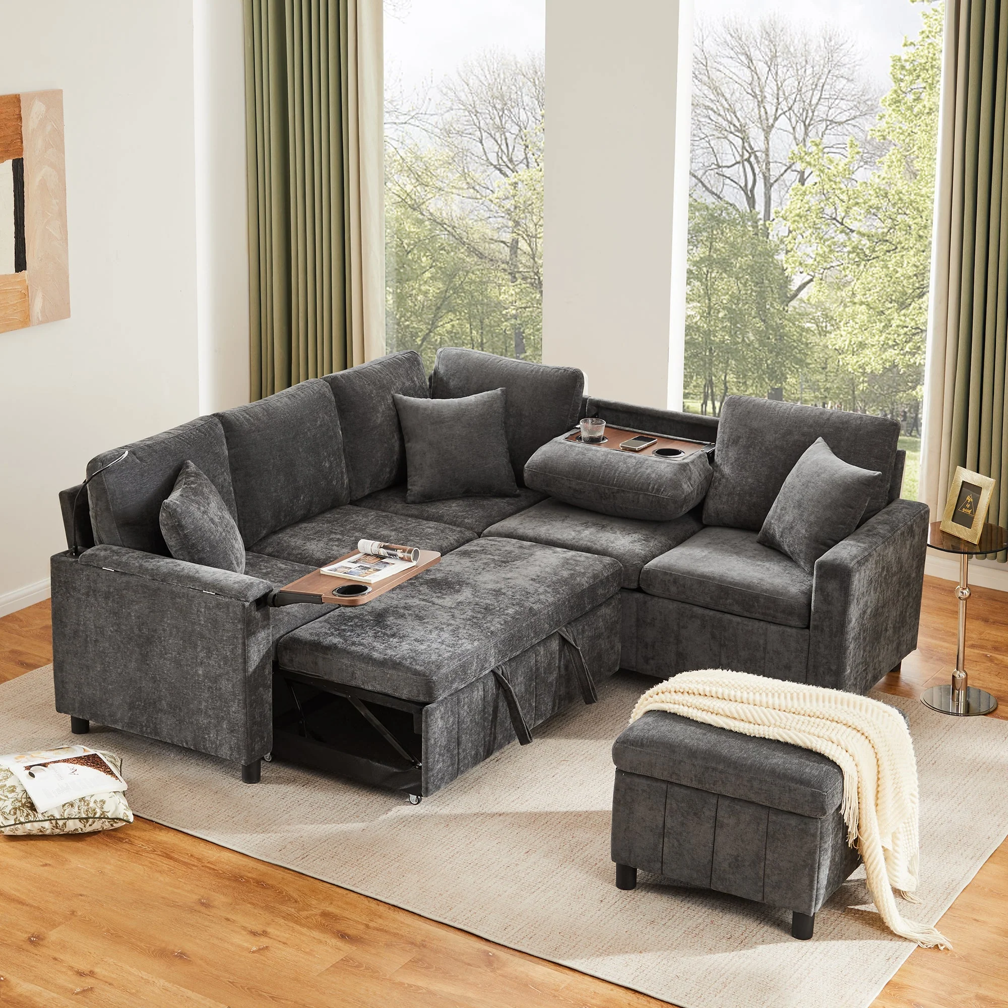 Chenille Corner Sofa Bed with Ottoman, USB Charging and Hidden Table, Grey - Image 4