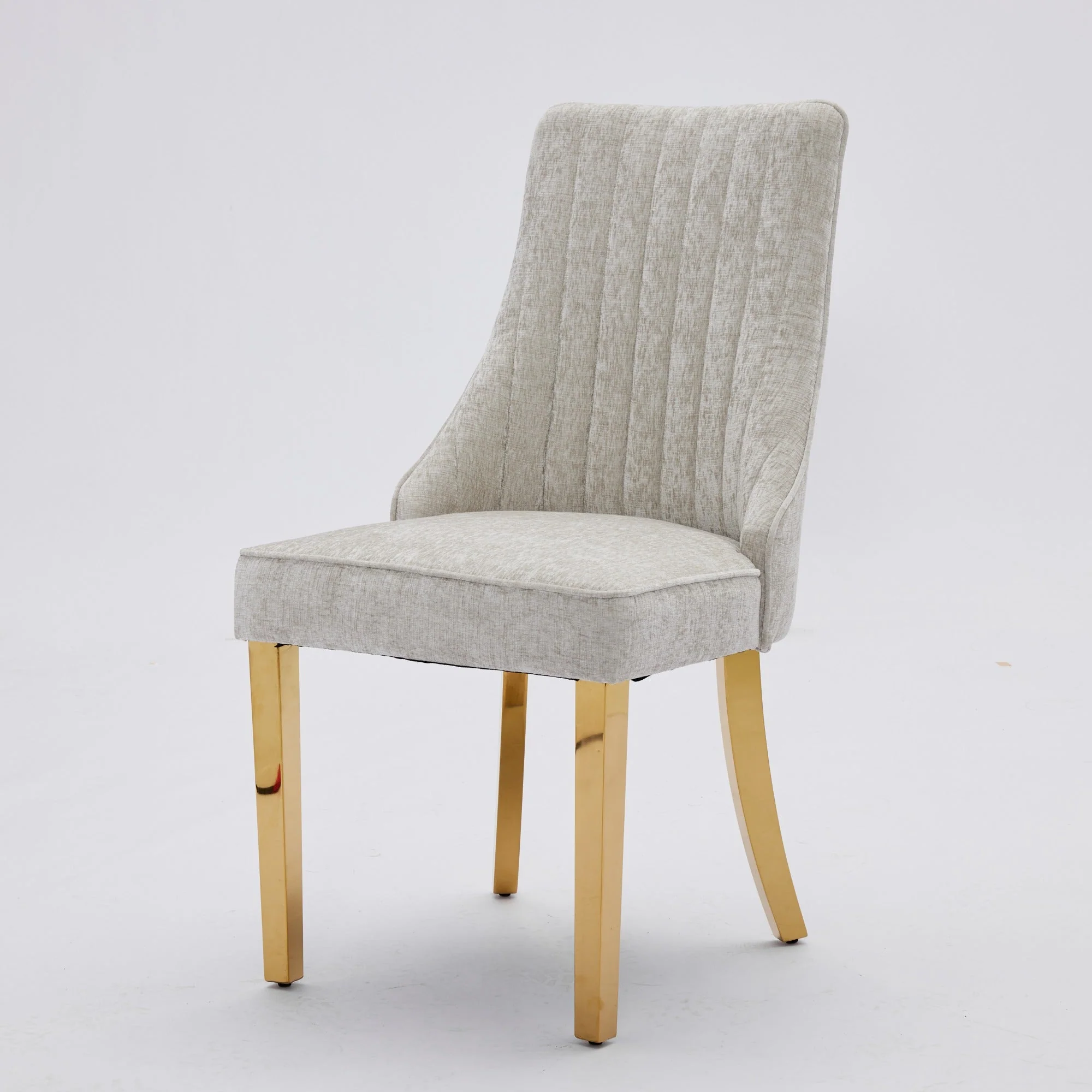 Chenille Dining Chairs Set of 2, Channel Upholstered, Golden Stainless Steel Legs, Beige - Image 8
