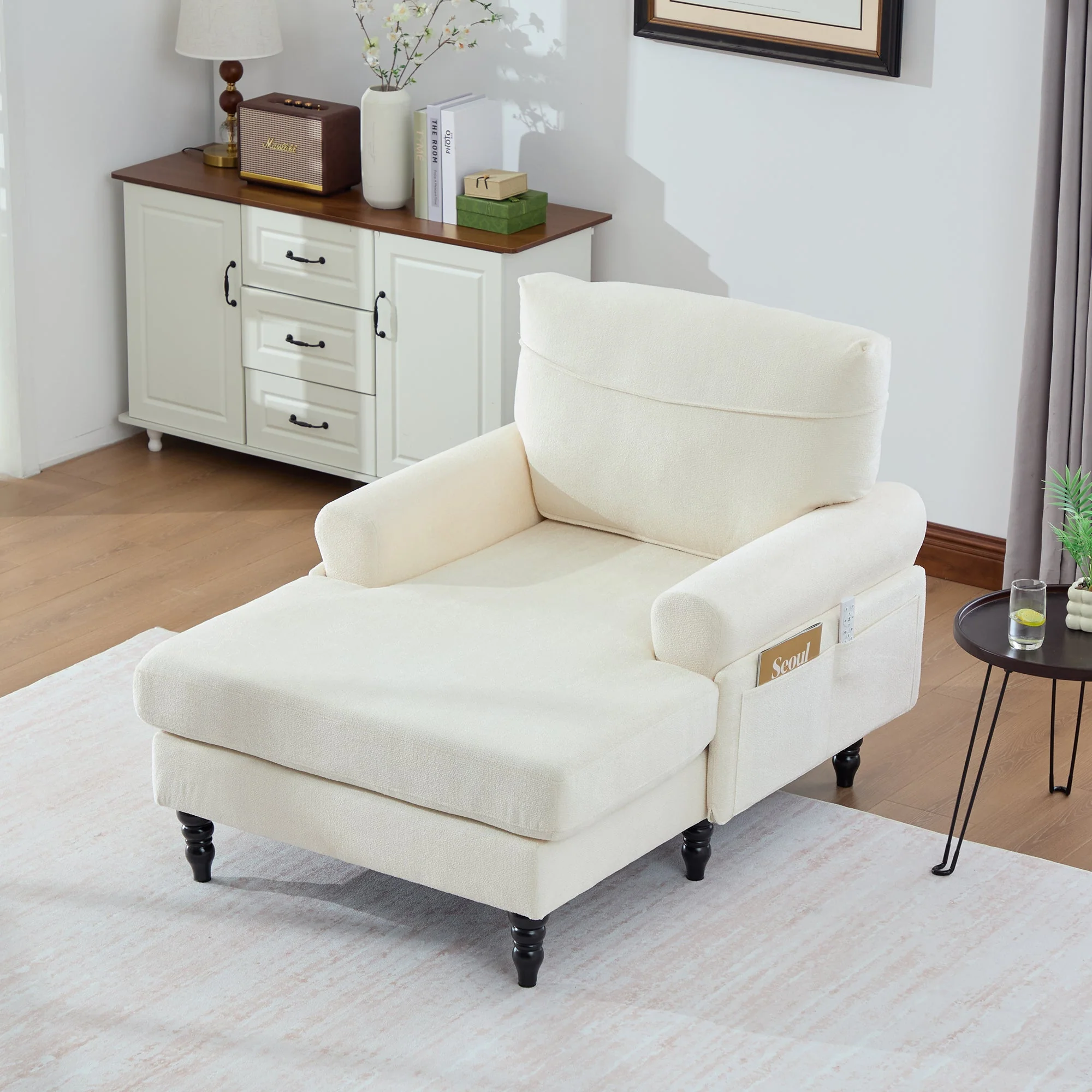 Chenille Fabric Lounger with Side Pockets and Wooden Legs, Modern Minimalist - Image 10