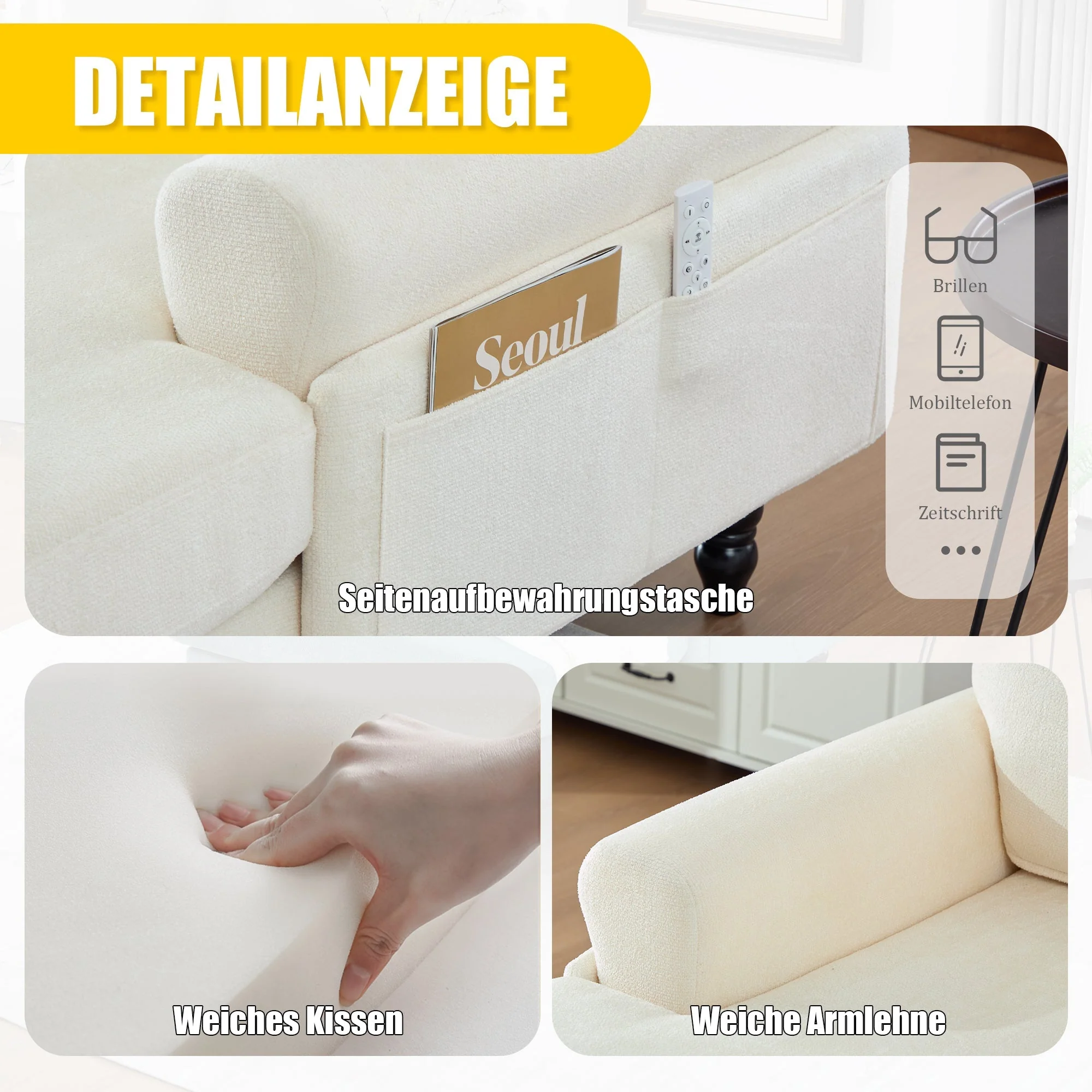 Chenille Fabric Lounger with Side Pockets and Wooden Legs, Modern Minimalist - Image 2
