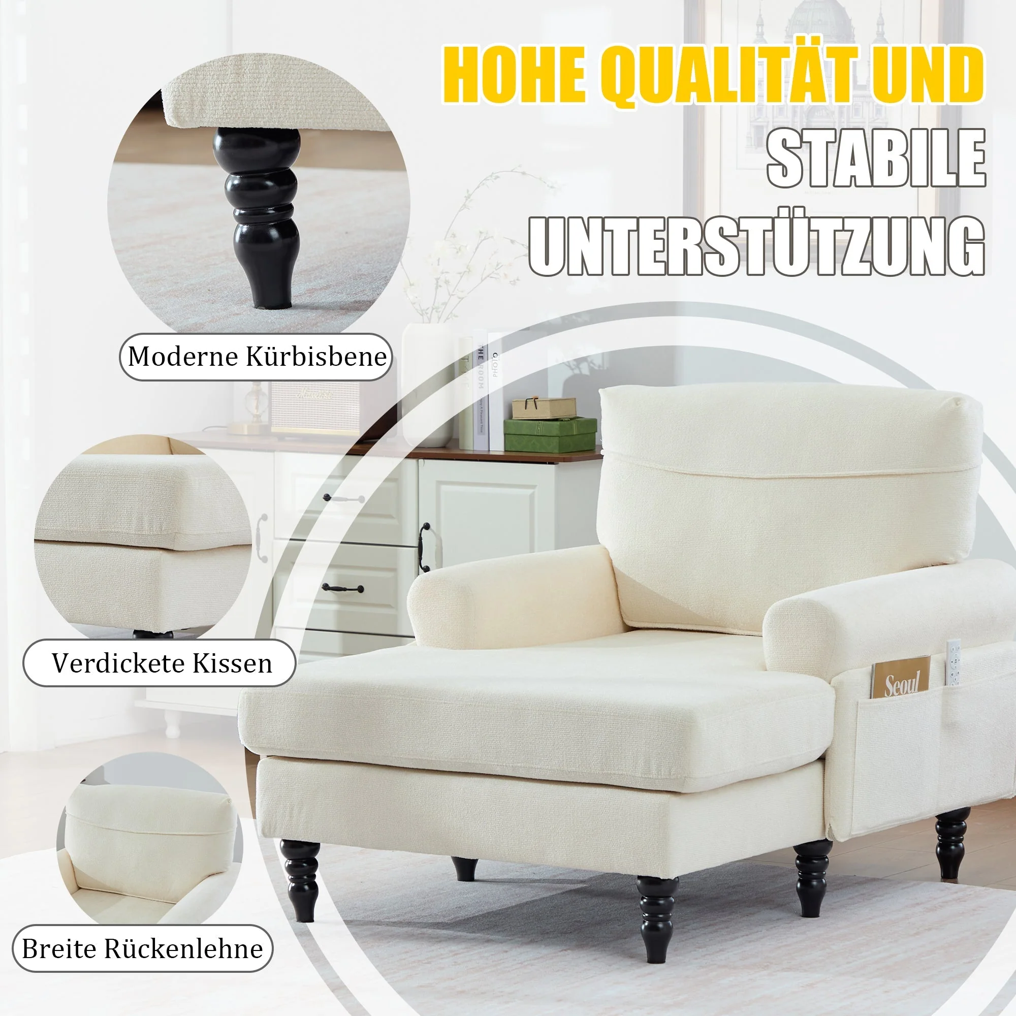 Chenille Fabric Lounger with Side Pockets and Wooden Legs, Modern Minimalist - Image 3