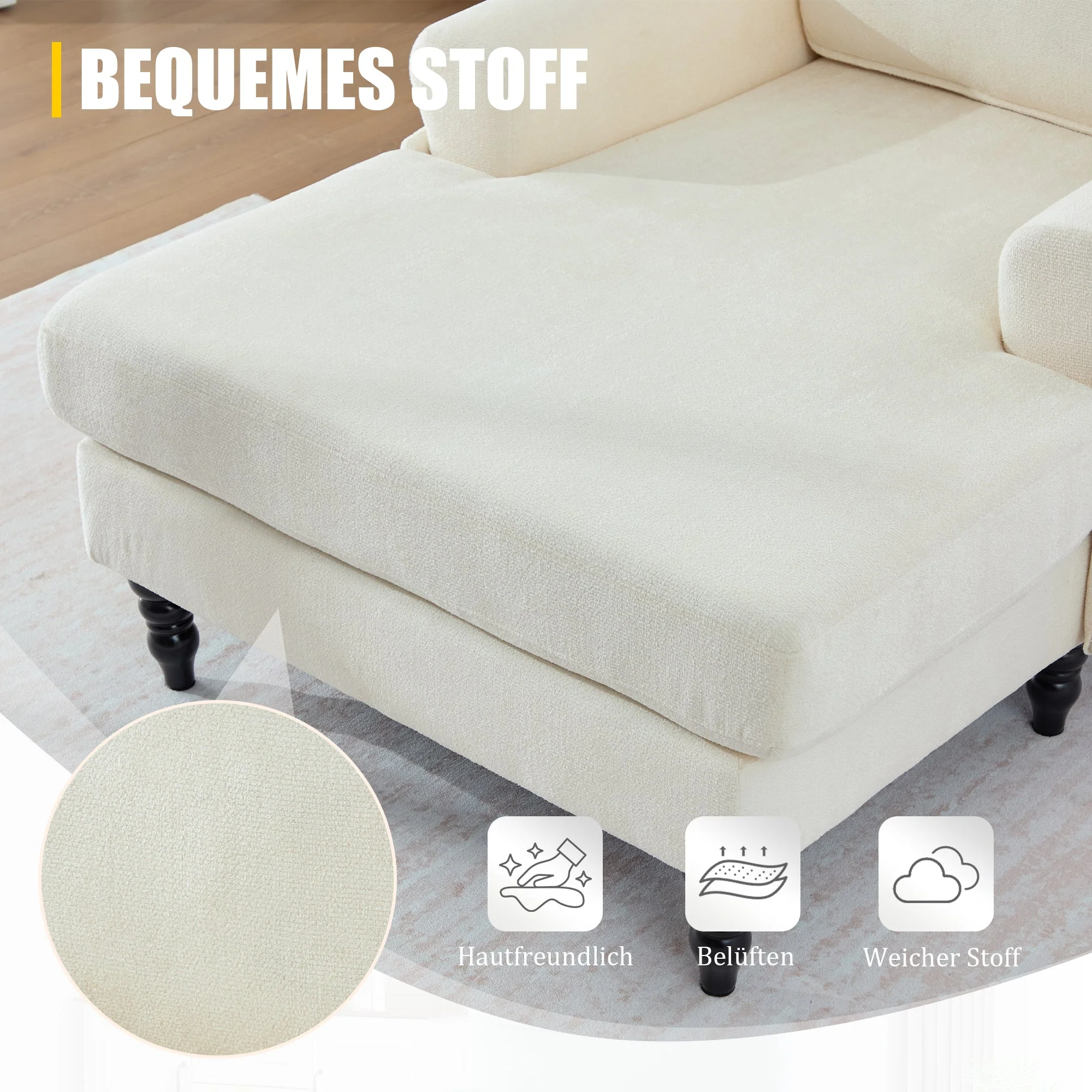 Chenille Fabric Lounger with Side Pockets and Wooden Legs, Modern Minimalist - Image 4