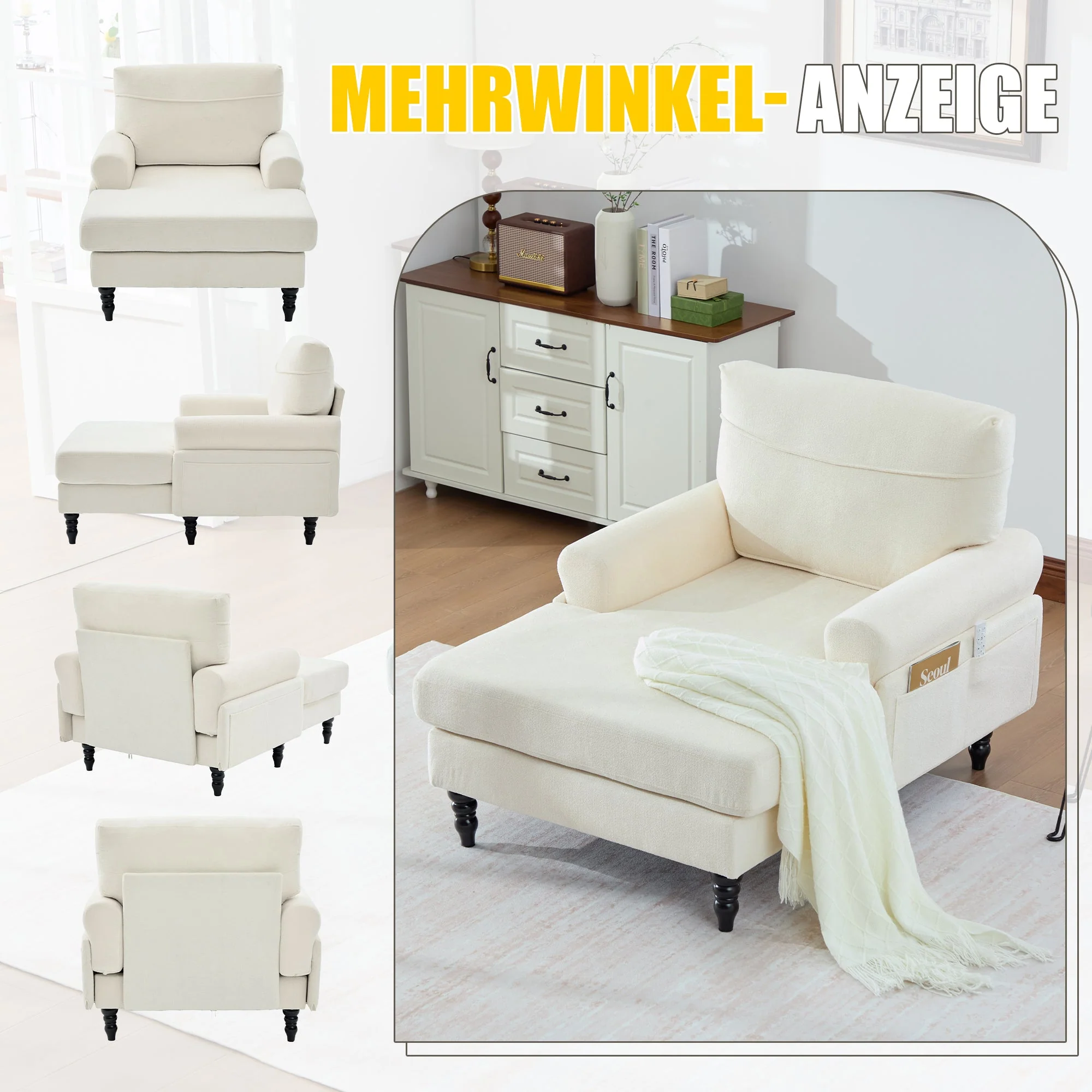 Chenille Fabric Lounger with Side Pockets and Wooden Legs, Modern Minimalist - Image 6
