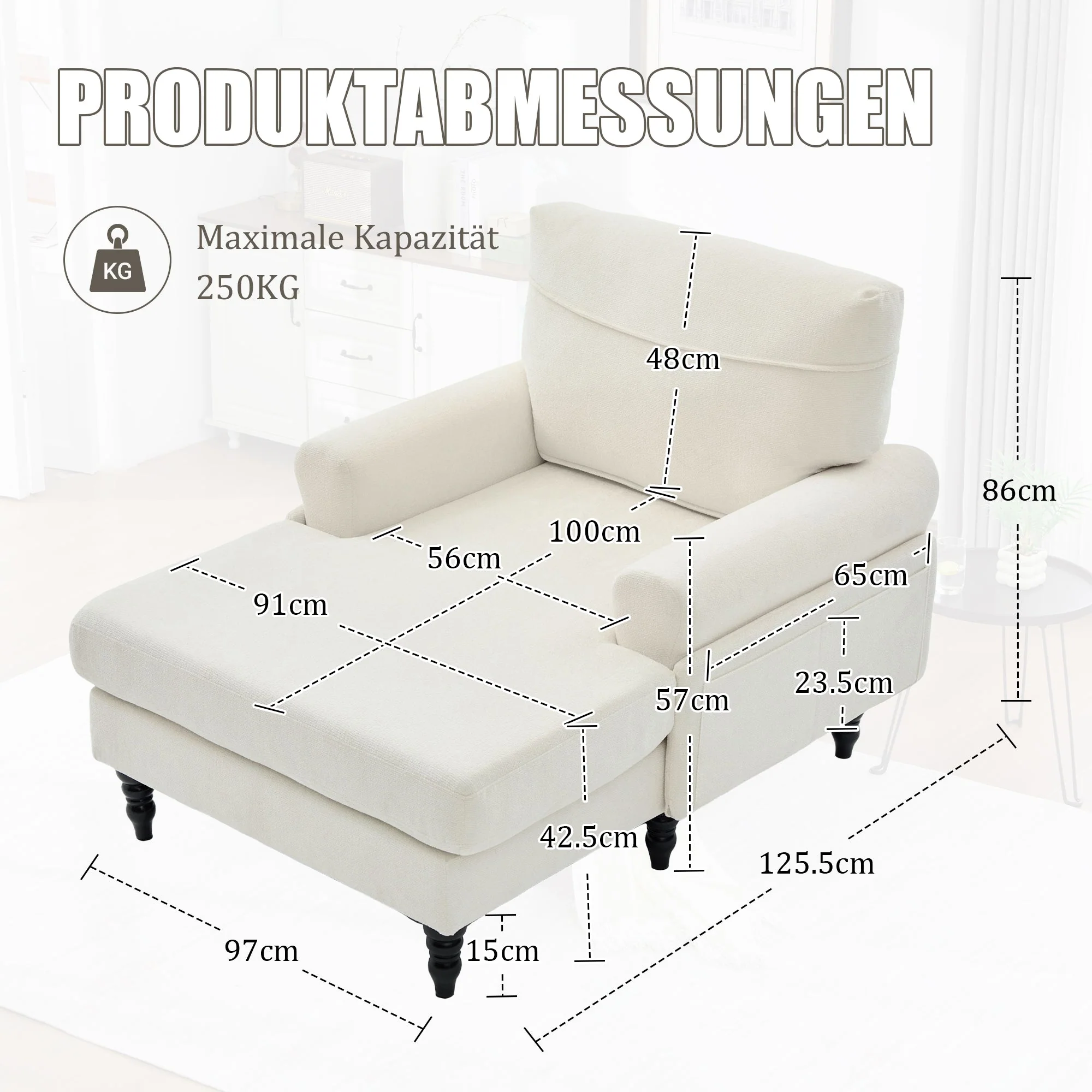 Chenille Fabric Lounger with Side Pockets and Wooden Legs, Modern Minimalist - Image 7