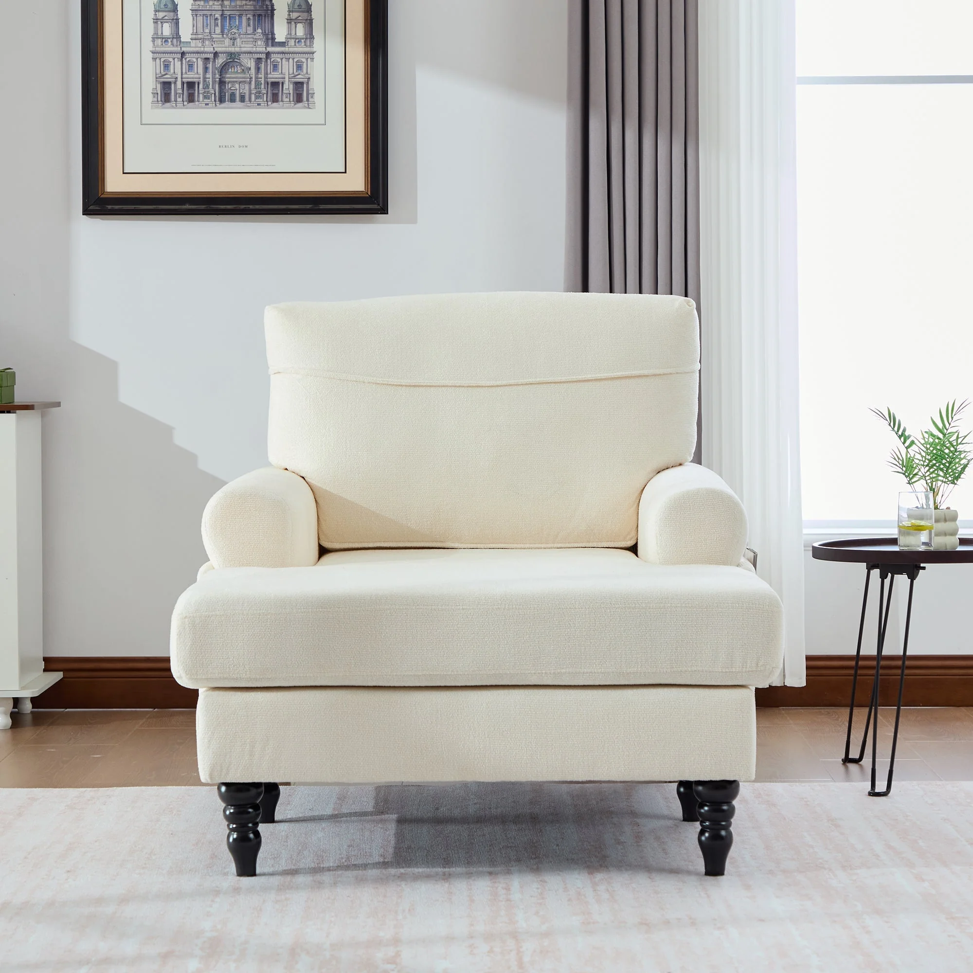 Chenille Fabric Lounger with Side Pockets and Wooden Legs, Modern Minimalist - Image 8