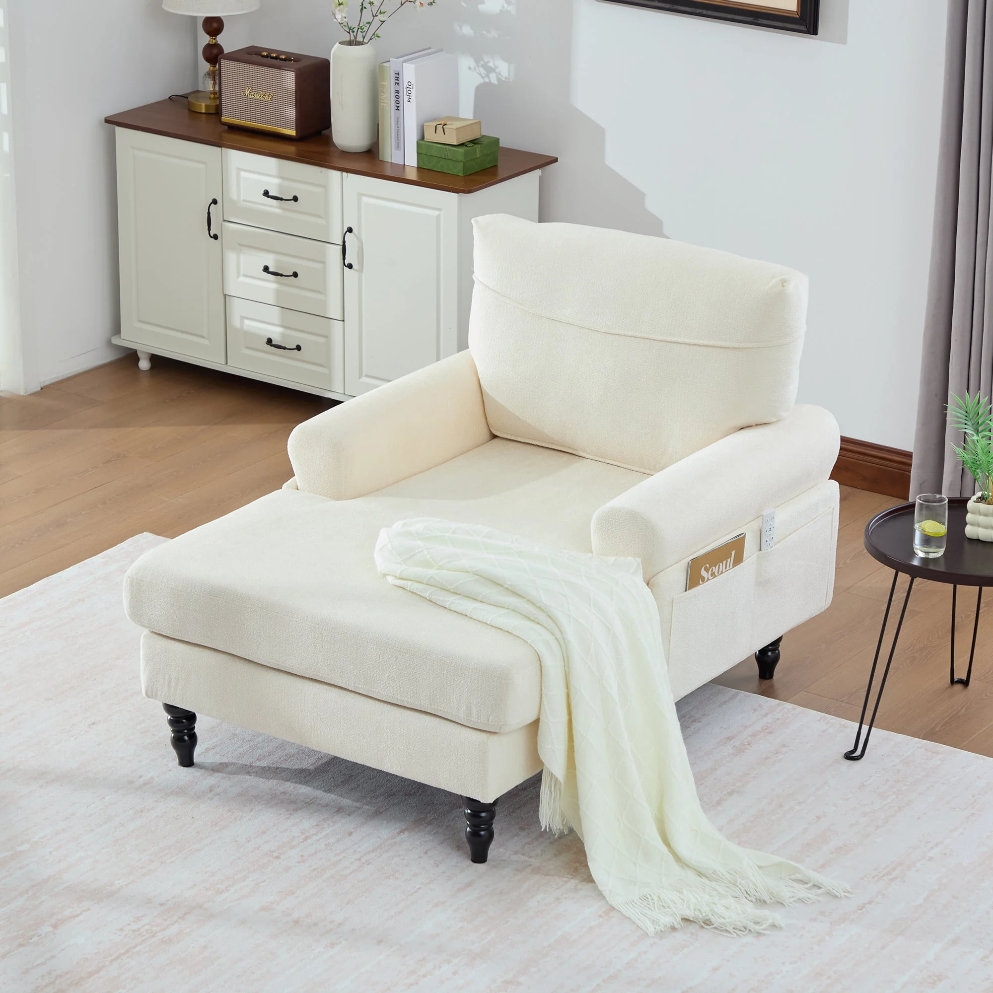 Chenille Fabric Lounger with Side Pockets and Wooden Legs, Modern Minimalist - Image 9