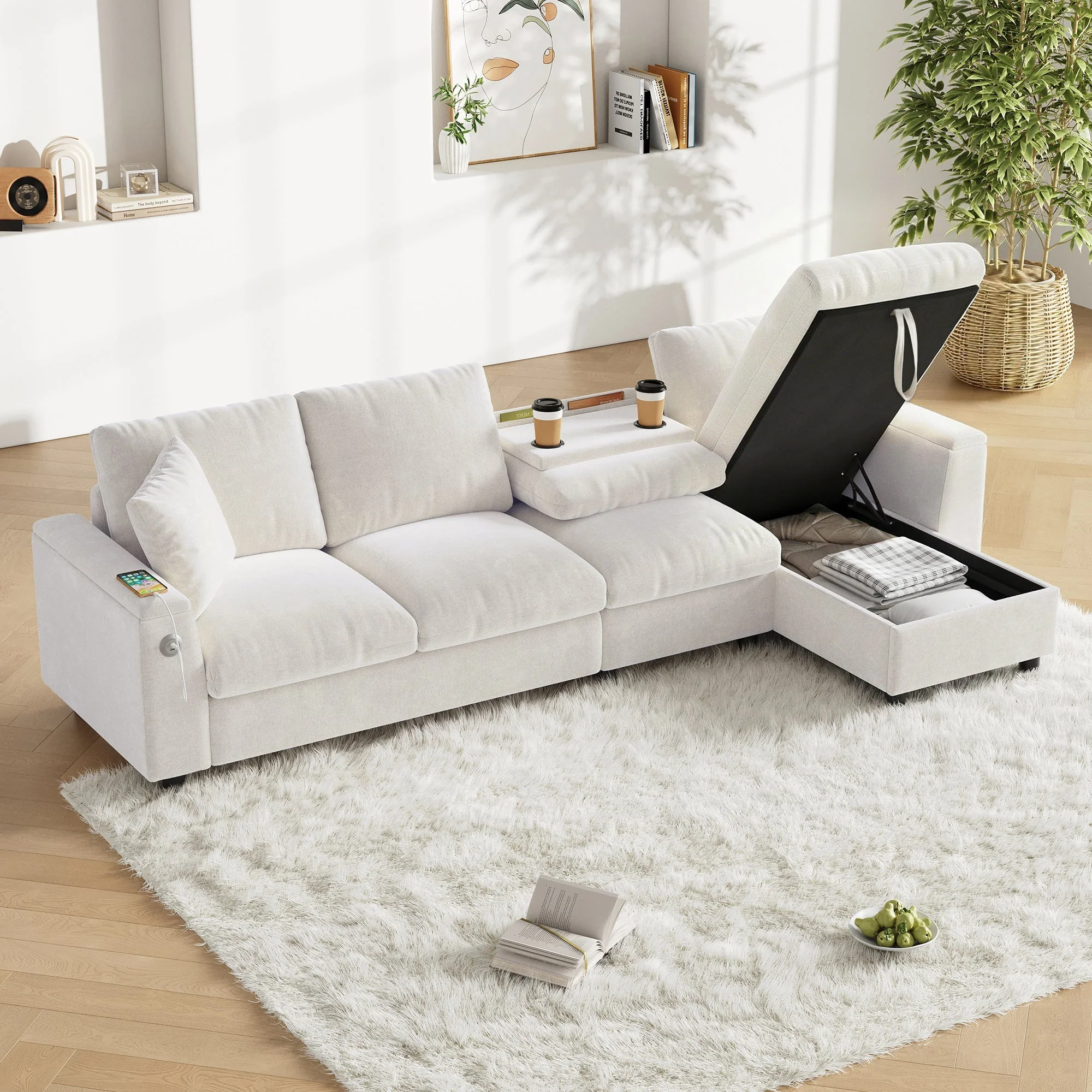 Chenille L-Shape Sofa Reversible Storage Armrests Fold-Out Table USB/Type-C - Beige - Image 7