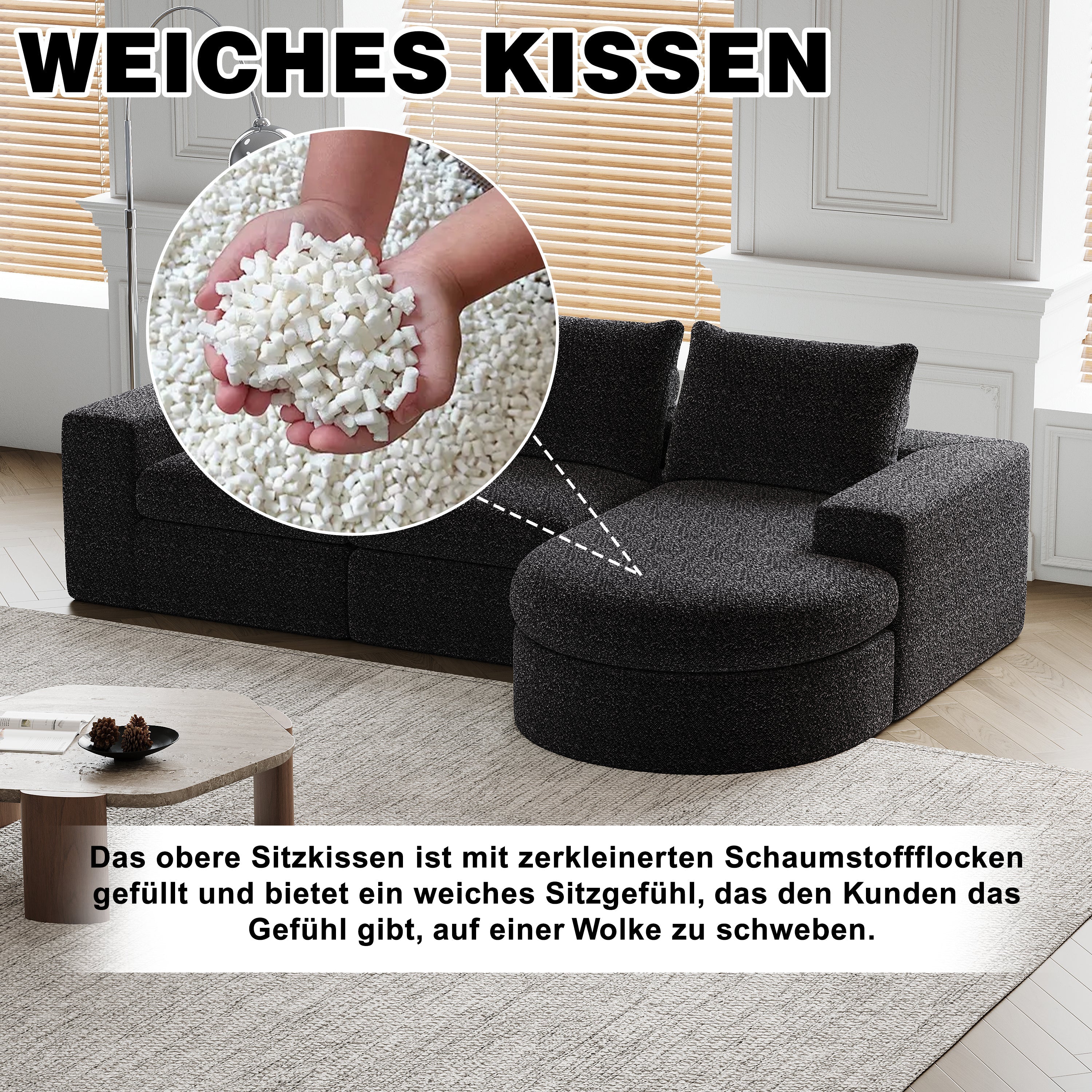 Chenille Sofa - Curved Elements, L-Lounger, Two-Piece Set - Image 4