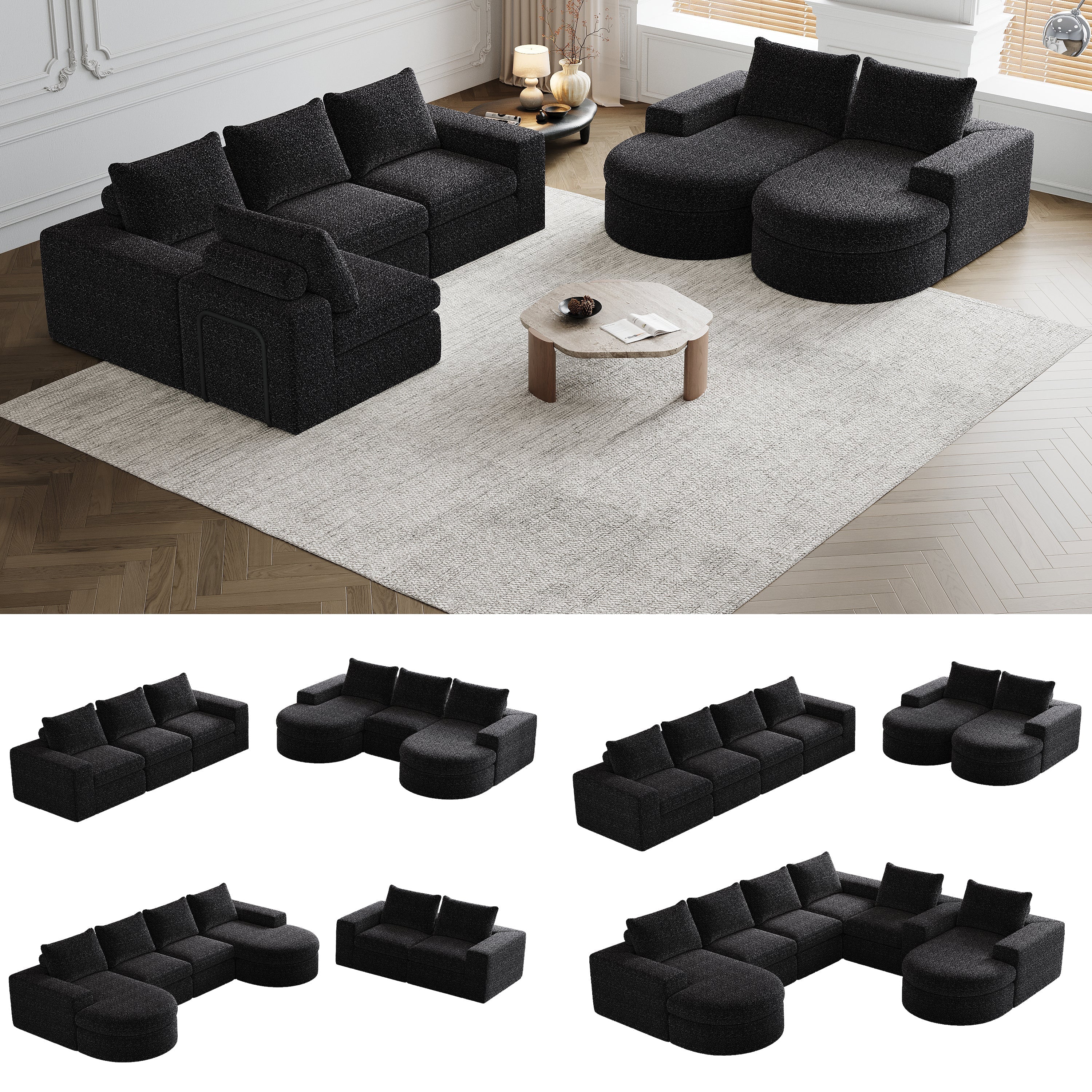 Chenille Sofa - Curved Elements, L-Lounger, Two-Piece Set - Image 5