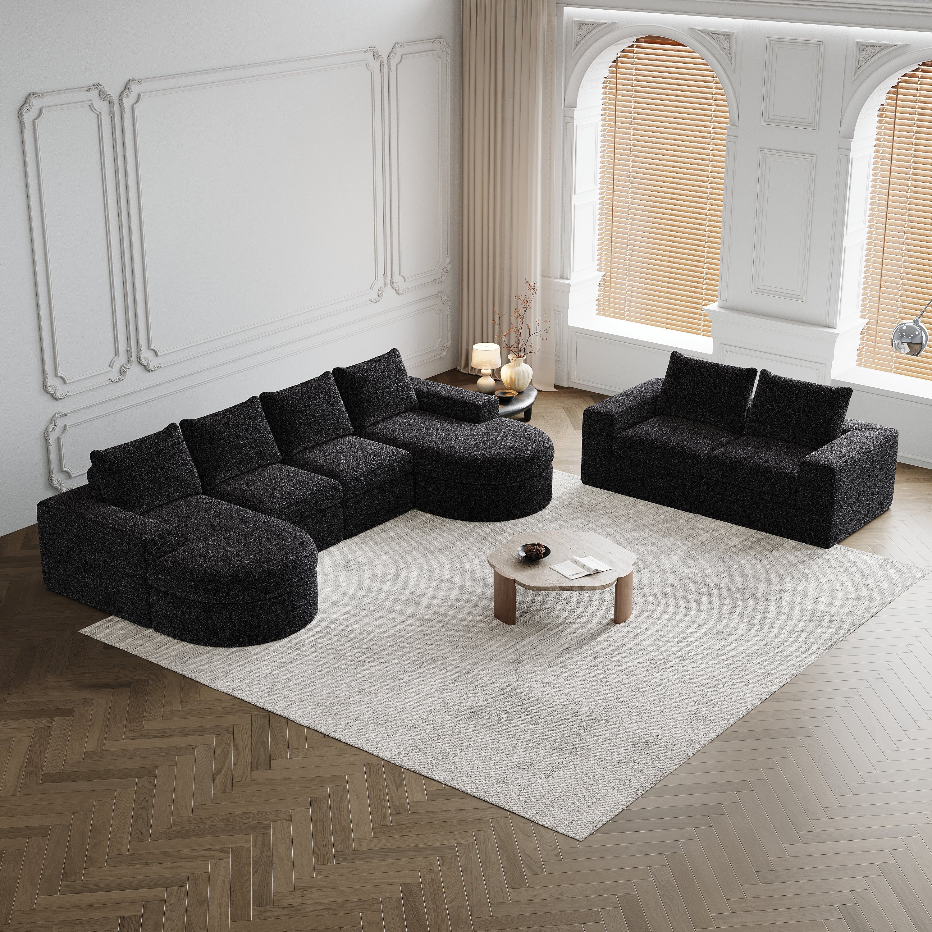 Chenille Sofa - Curved Elements, L-Lounger, Two-Piece Set - Image 8