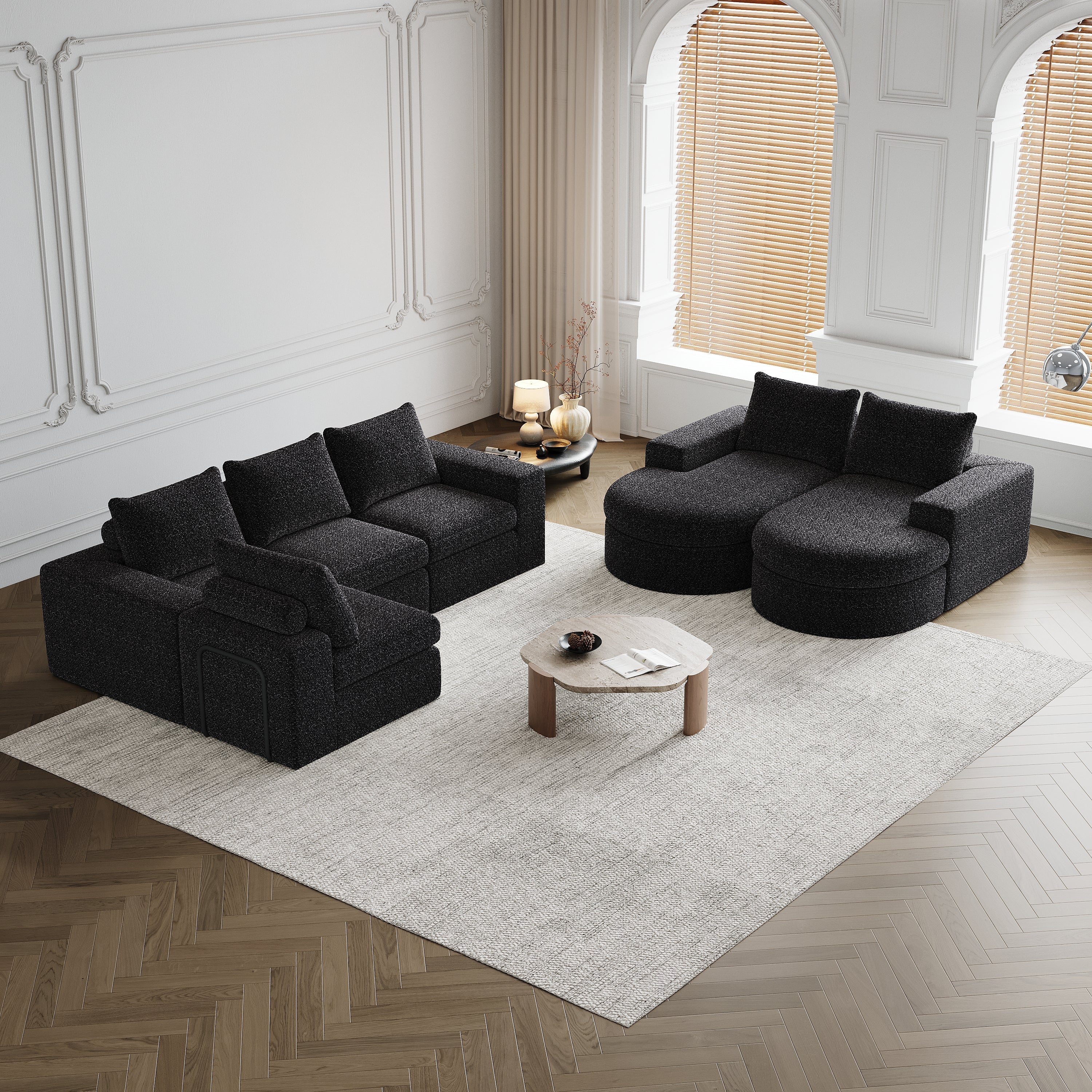 Chenille Sofa - Curved Elements, L-Lounger, Two-Piece Set - Image 9