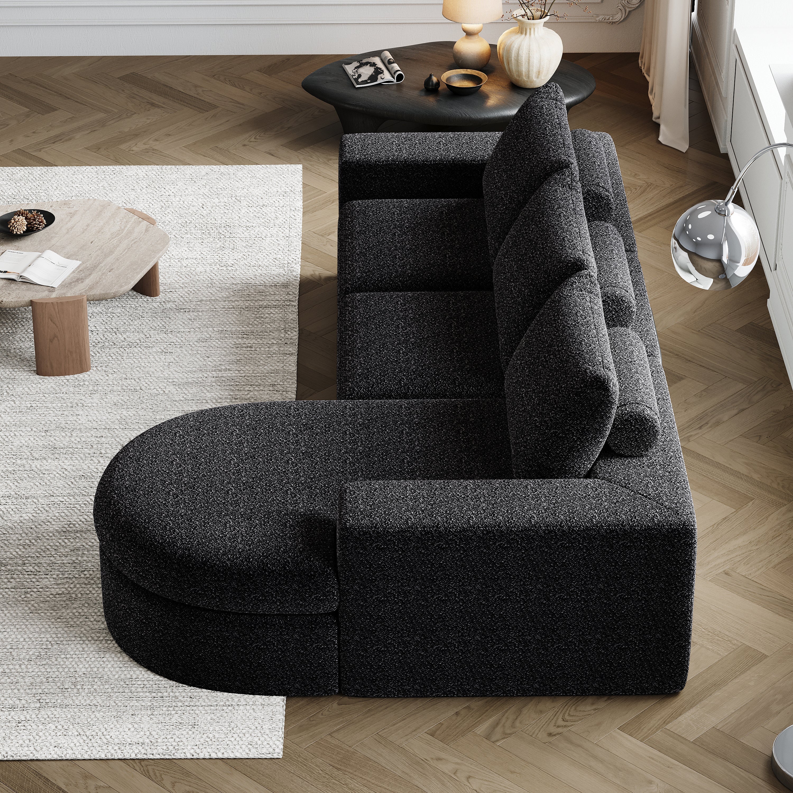 Chenille Sofa, Curved Modular L-Lounger, Foam Compression - Image 7