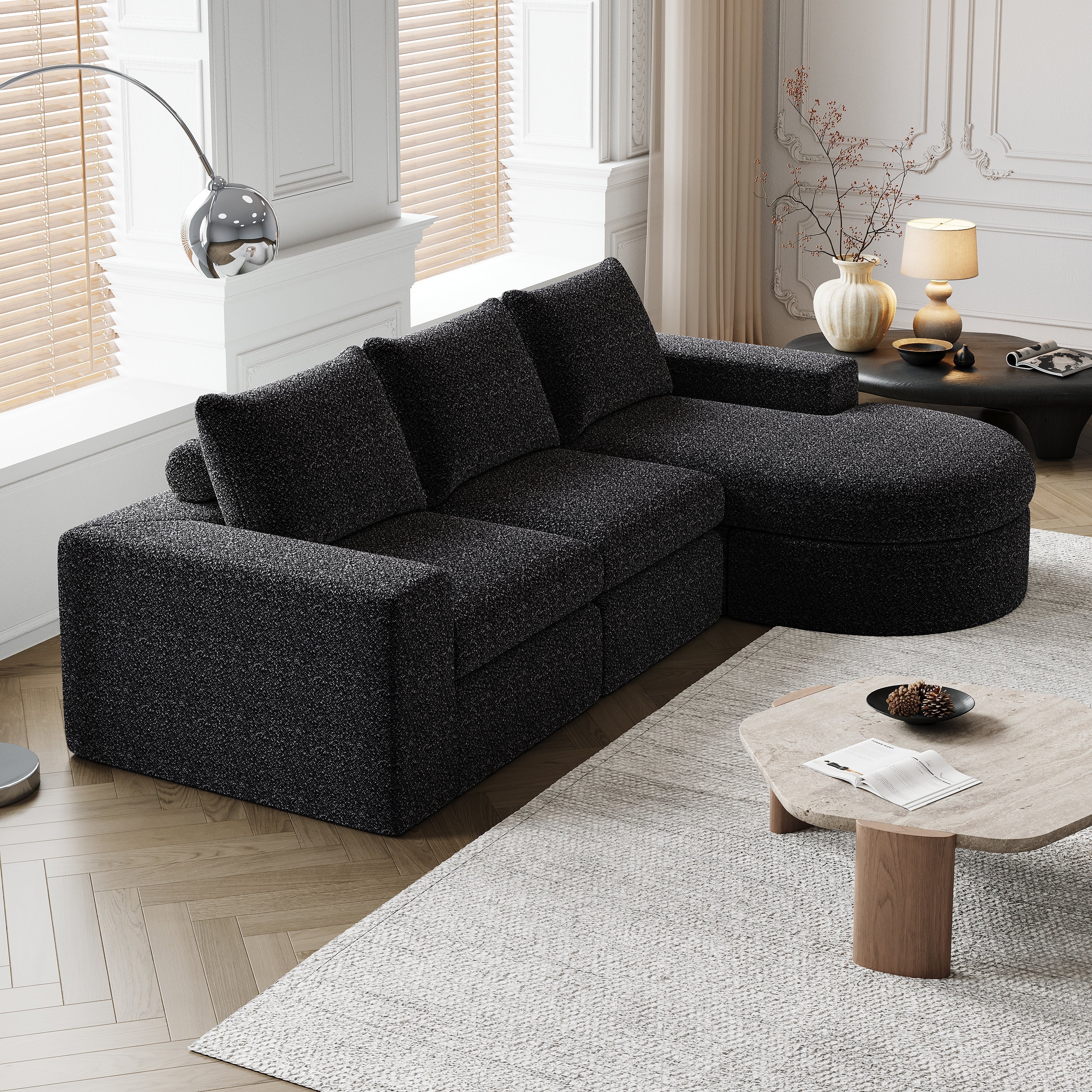 Chenille Sofa, Curved Modular L-Lounger, Foam Compression - Image 8