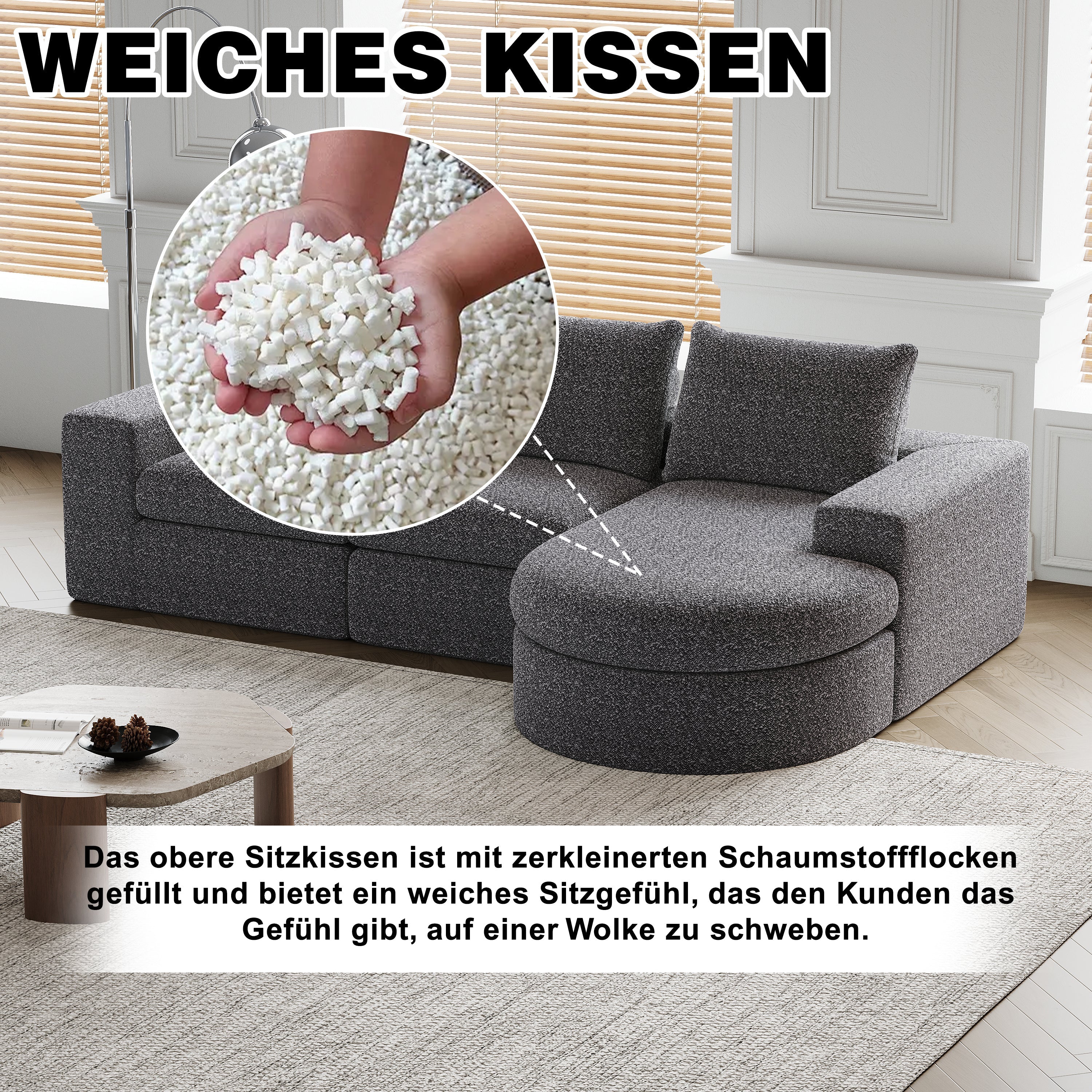 Chenille Sofa, Curved Modular L-Lounger, Two-Piece Set - Image 5