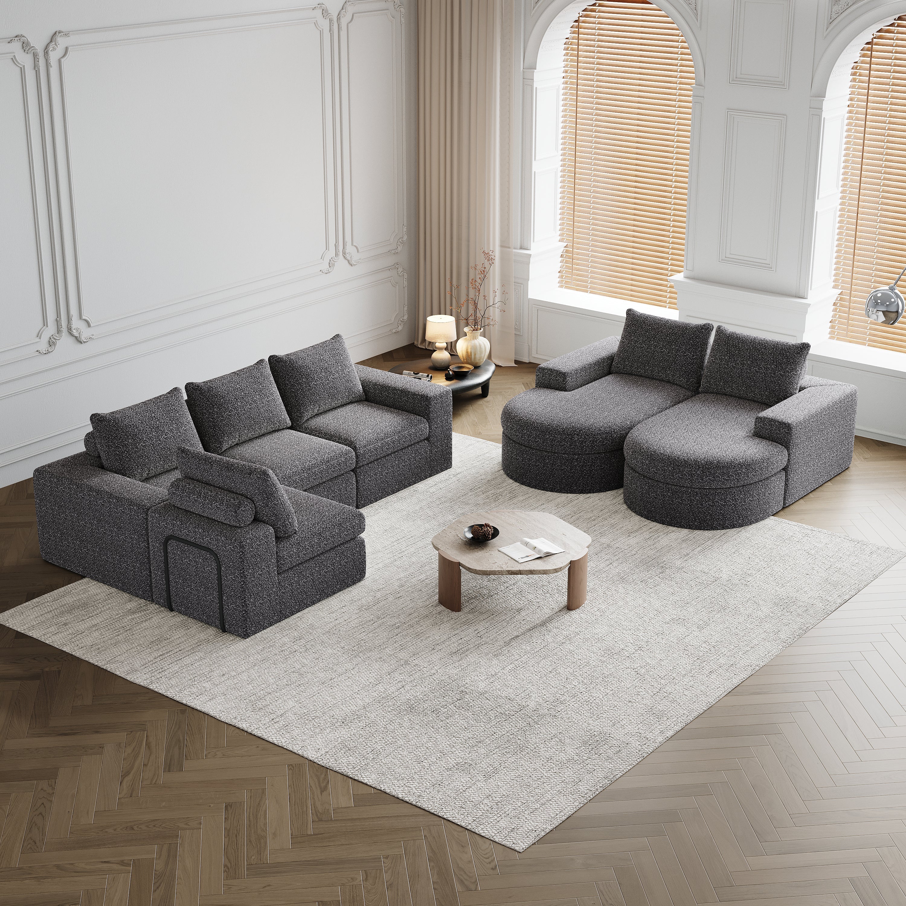 Chenille Sofa, Curved Modular L-Lounger, Two-Piece Set - Image 8