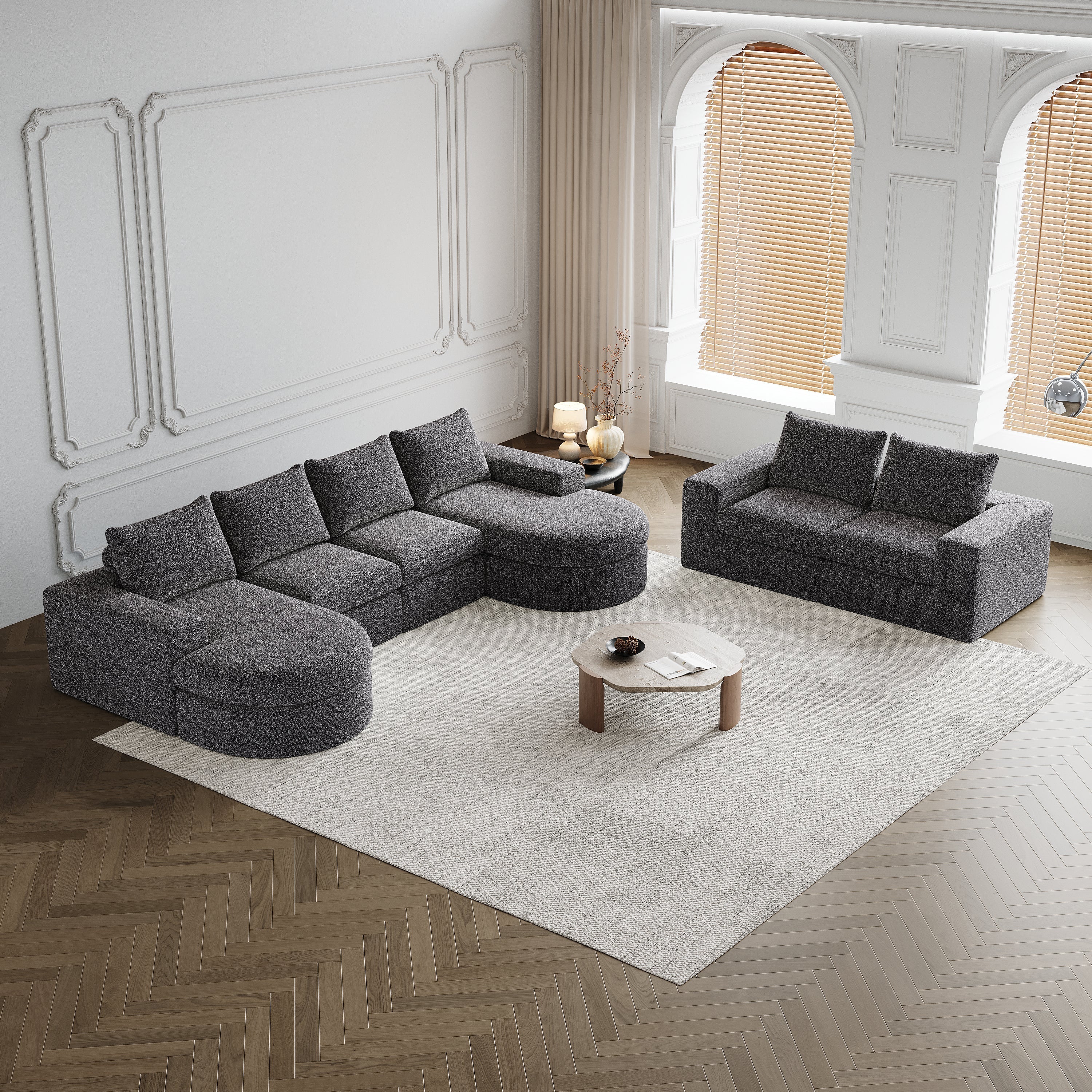 Chenille Sofa, Curved Modular L-Lounger, Two-Piece Set - Image 9