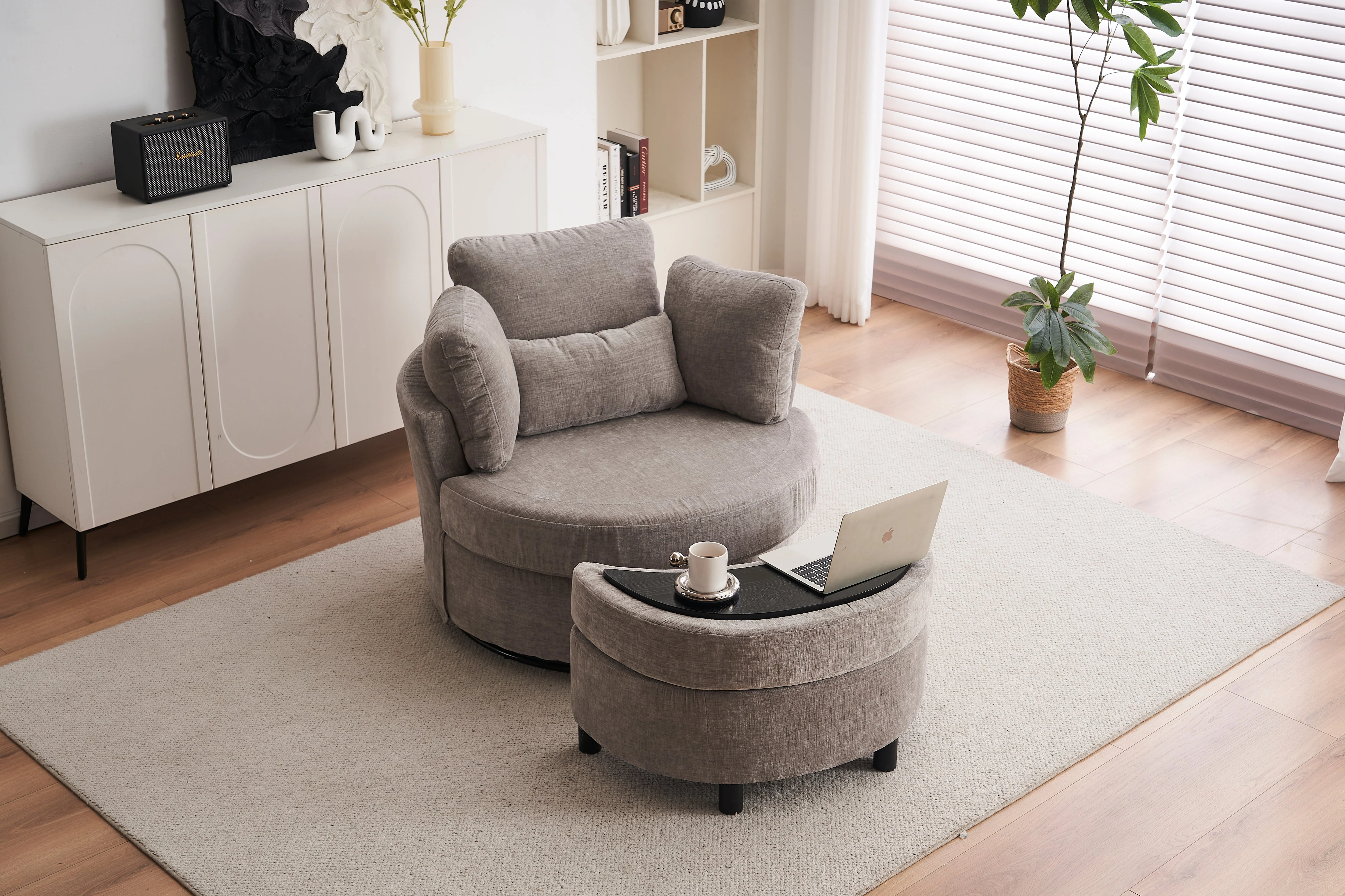 Chenille Swivel Armchair with 3 Back Cushion Pillow and Ottoman Crescent Stool - Image 7