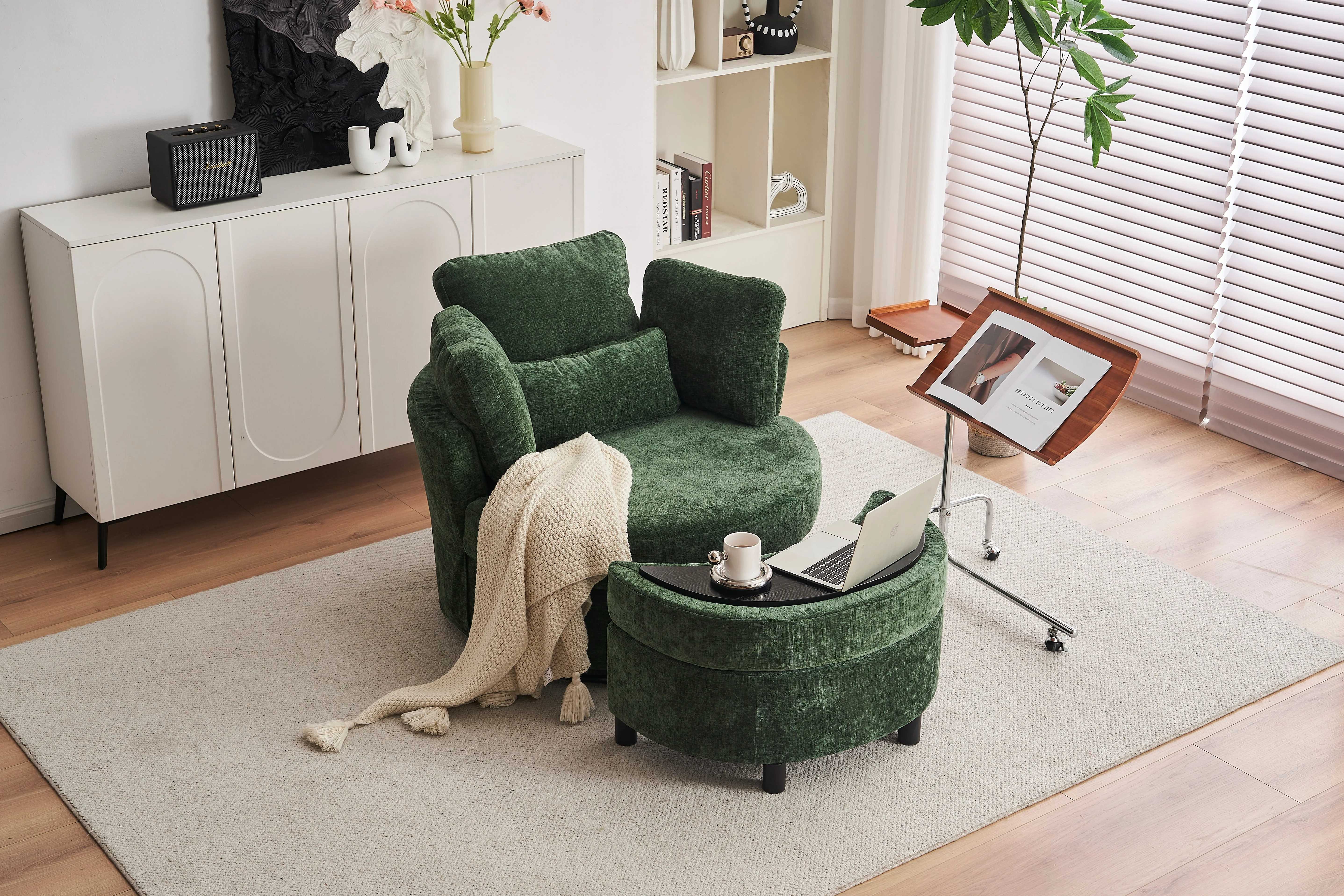 Chenille Swivel Armchair with 3 Back Cushion Pillow and Ottoman Crescent Stool, Green - Image 6