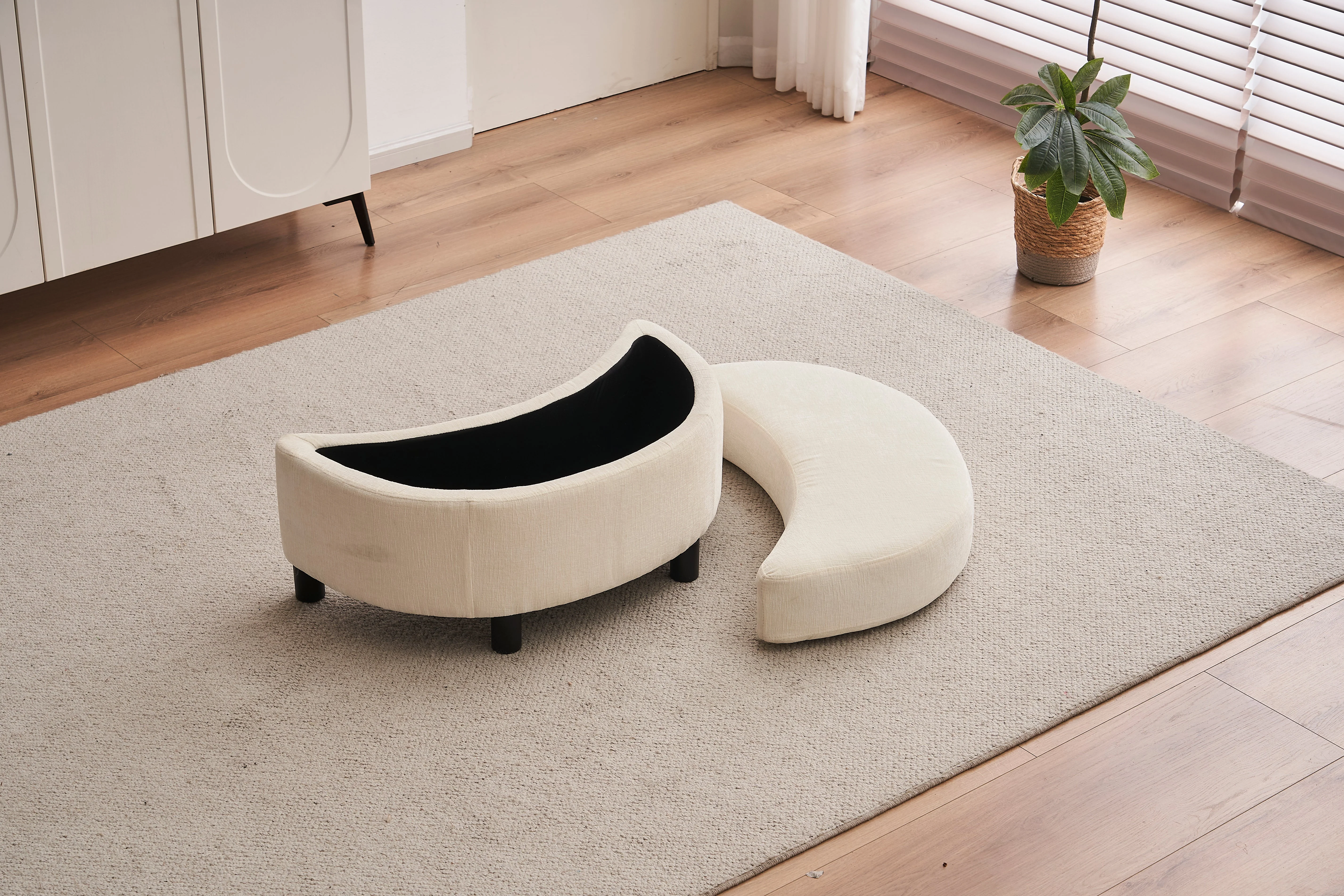 Chenille Swivel Armchair with 3 Back Cushion Pillow and Ottoman Crescent Stool, Ivory - Image 4