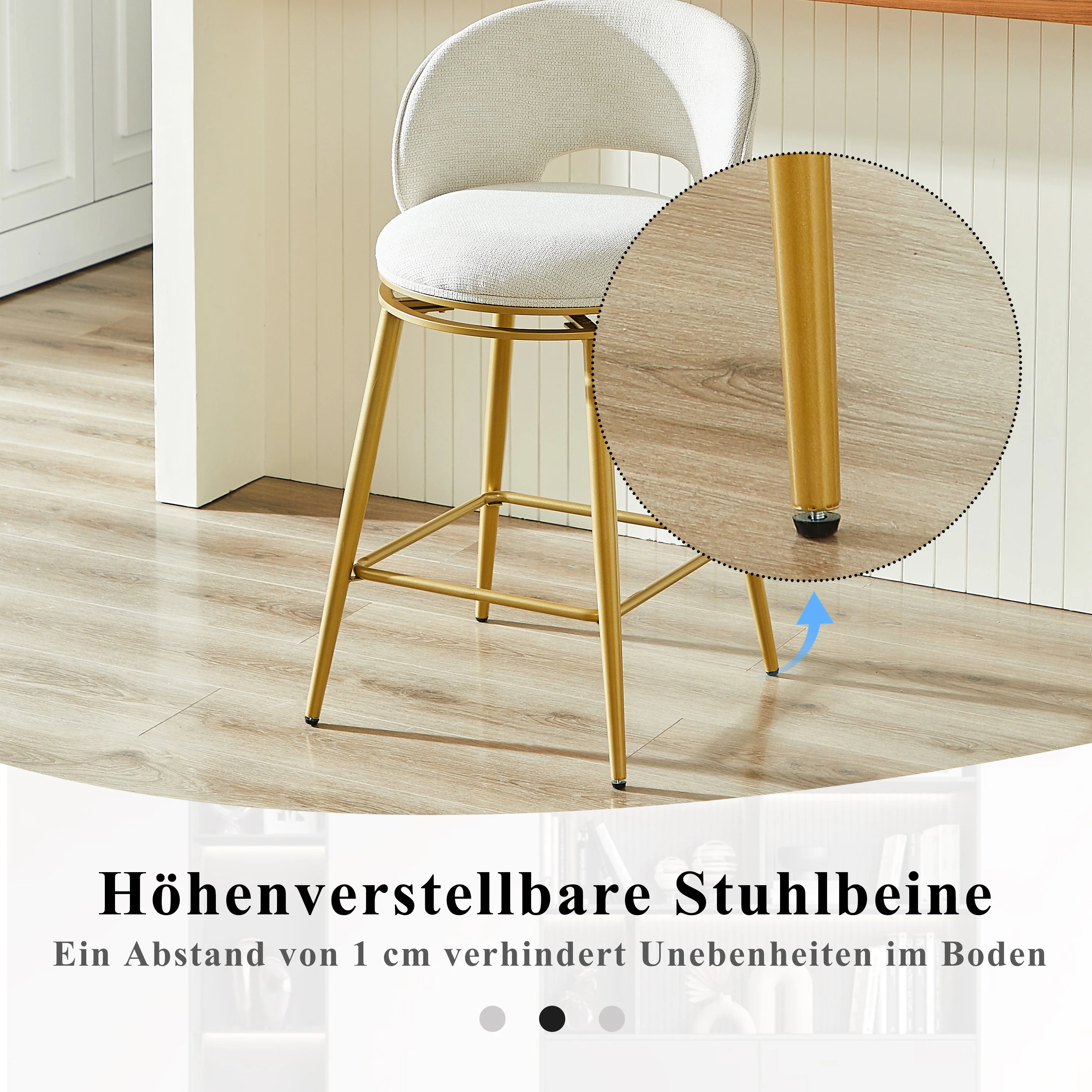 Chenille Swivel Bar Stools, Set of 2 with 360° Rotation and Cut-Out Backrest, Gold and White - Image 6
