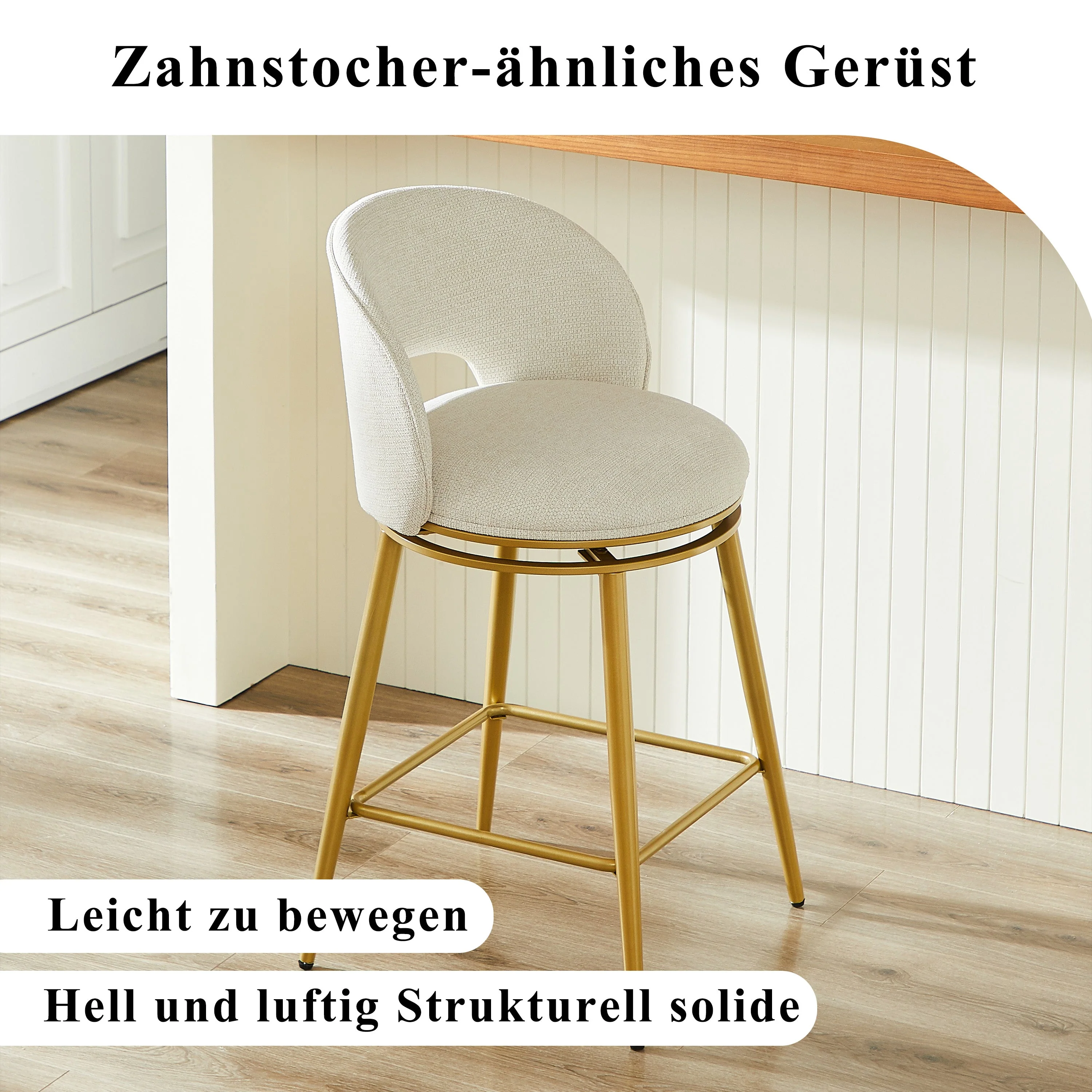 Chenille Swivel Bar Stools, Set of 2 with 360° Rotation and Cut-Out Backrest, Gold and White - Image 9