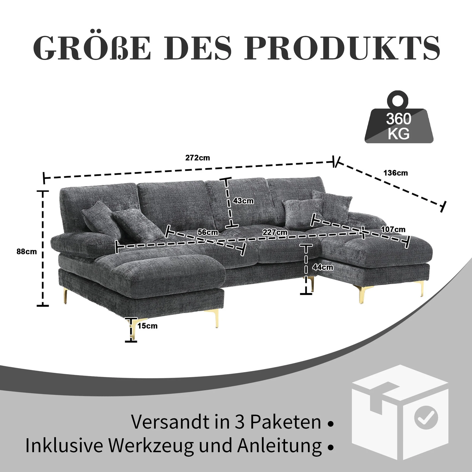 Chenille U-Shape Sectional Sofa, Large with Double Reclining Seats, Modern - Image 2